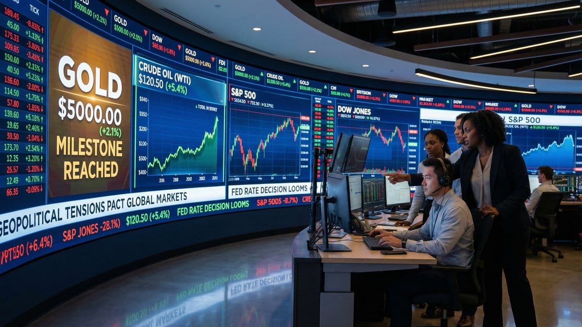 Stock market trading floor showing S&P 500, Dow Jones, gold and oil price movements on February 20 2026