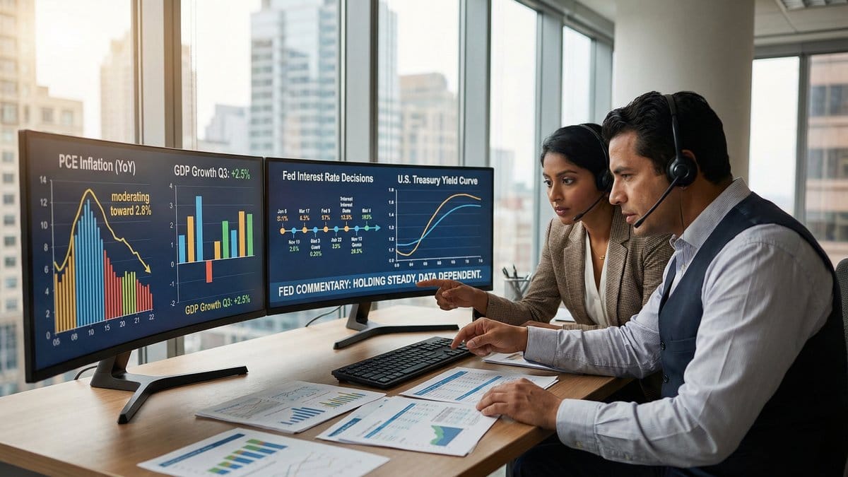 Economists analyzing PCE inflation data, GDP growth charts and Federal Reserve interest rate decisions for February 2026