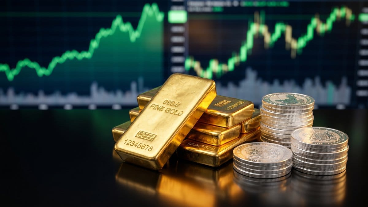 Gold bars and silver coins with financial charts