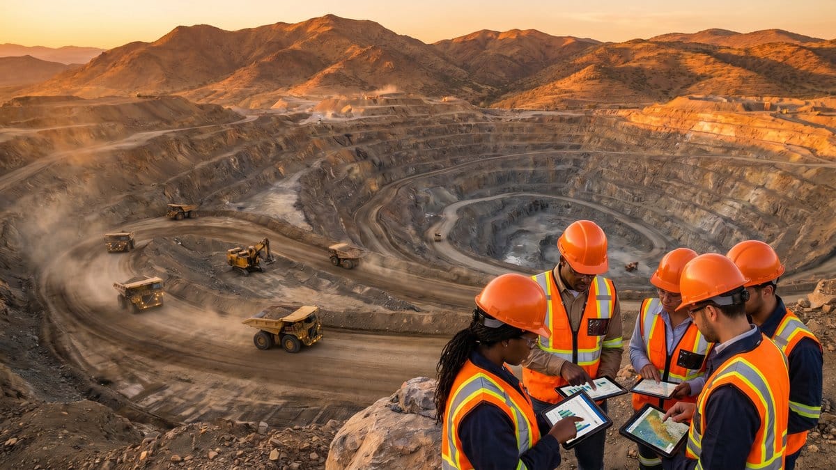 Open-pit gold mine with engineers reviewing data