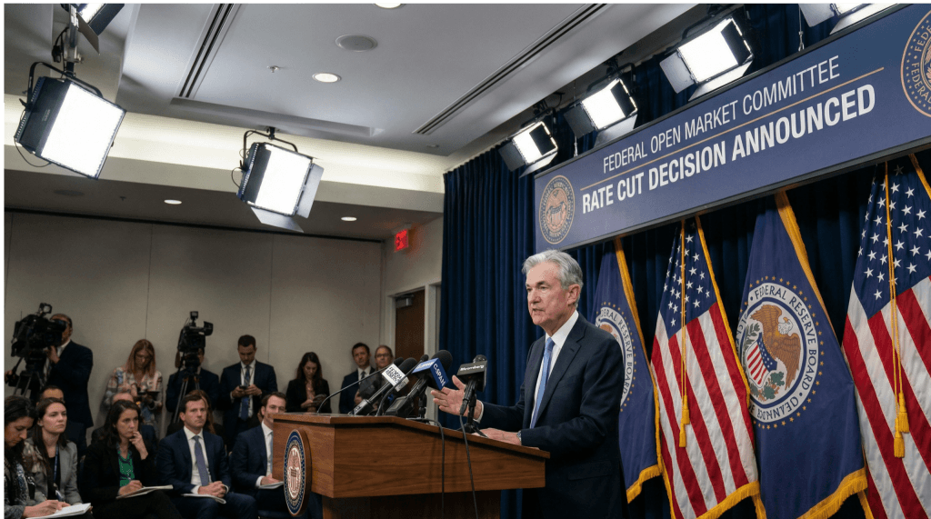 Jerome Powell at Federal Reserve press conference announcing rate cut