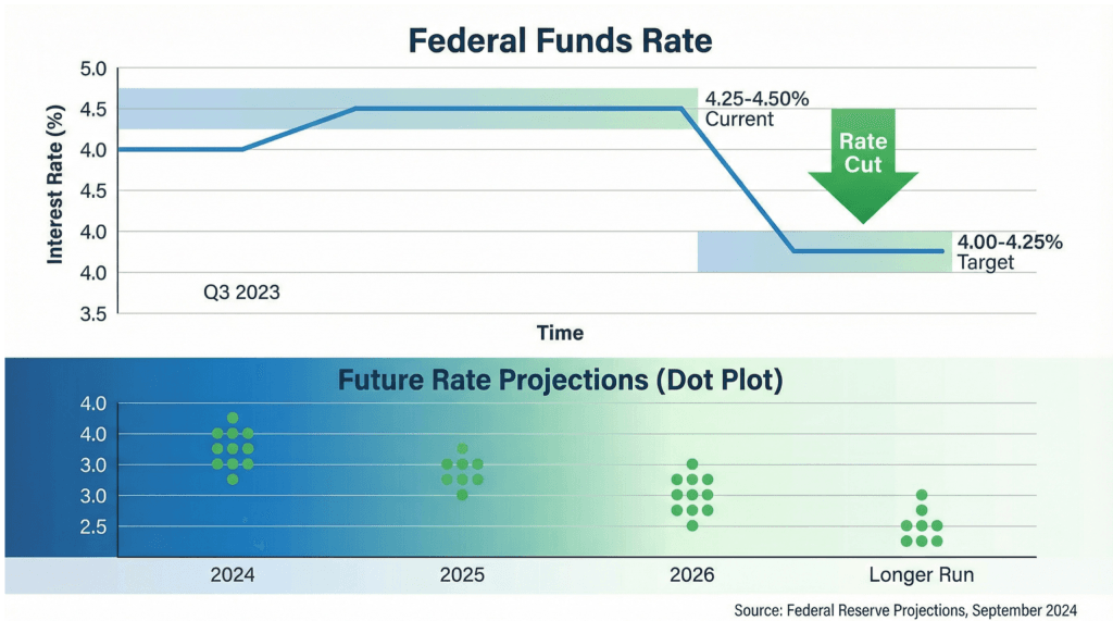 Federal Funds Rate chart showing rate cut and dot plot projections