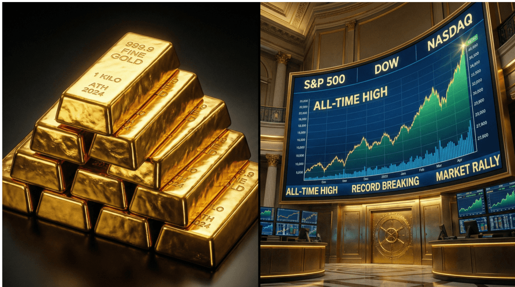 Split image of gold bars and stock market screens showing all-time highs