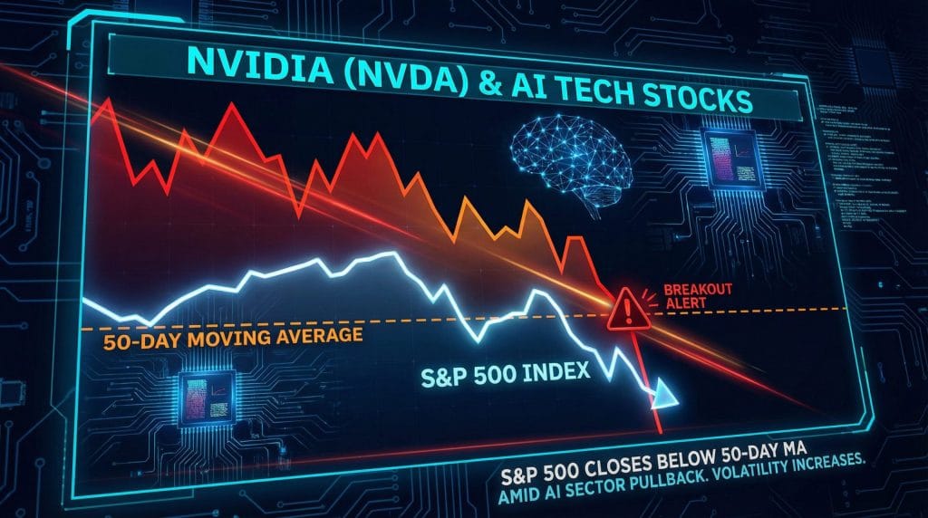 Dramatic financial visualization of the November 2025 AI stock sell-off, showing a downward chart for NVIDIA (NVDA ) and the S&P 500 breaking below its 50-day moving average.
