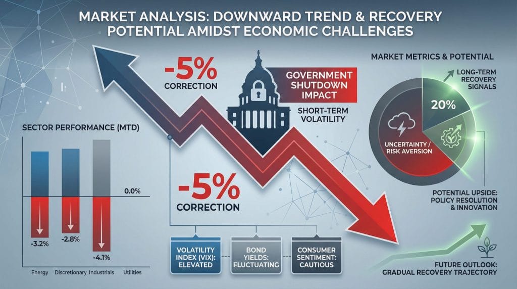 Market analysis graphic from November 2025 showing sector rotation, with declining growth sectors like technology and rising defensive sectors like healthcare, alongside a high VIX volatility meter.