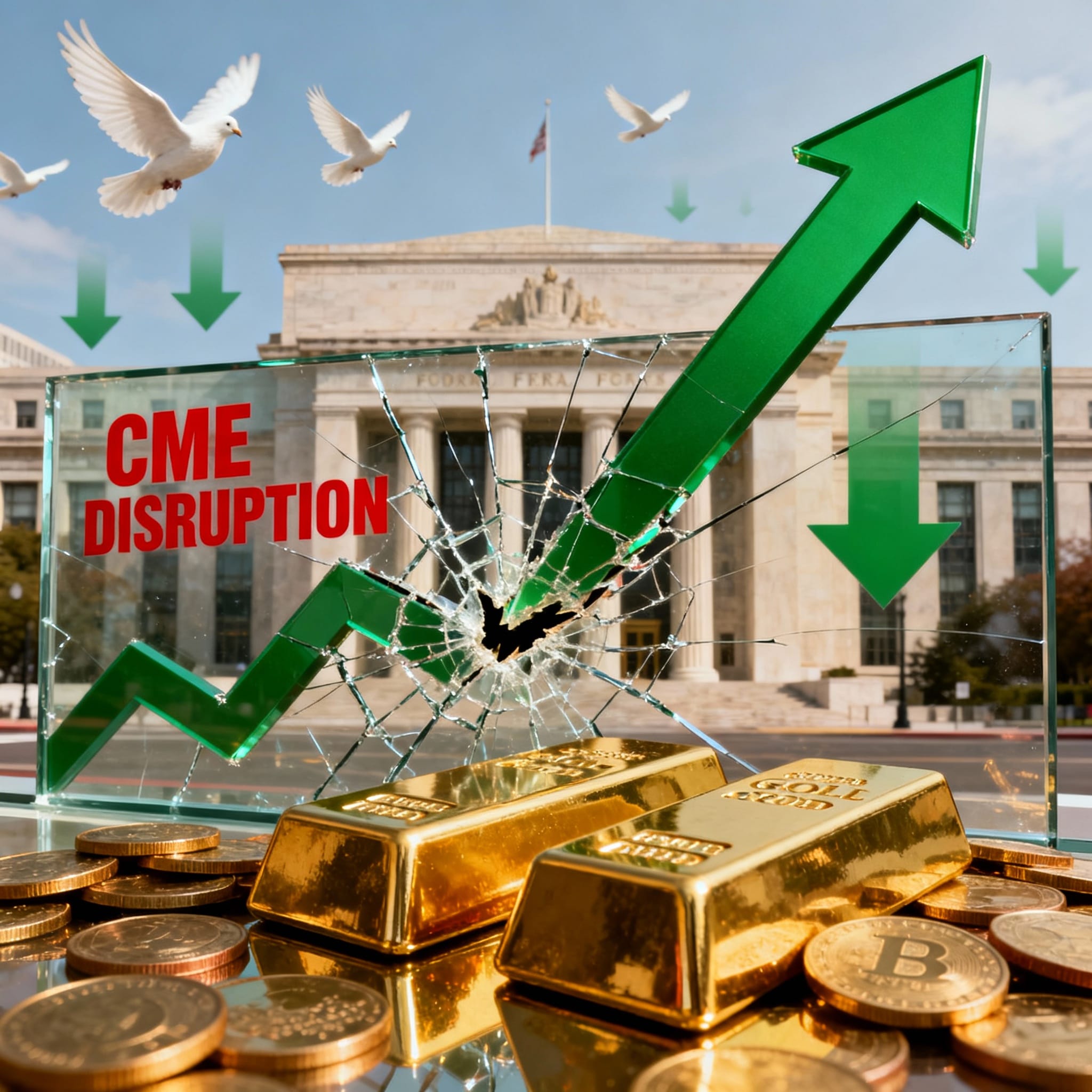 A photorealistic symbolic financial scene with the Federal Reserve building in the background under a clear blue sky, white doves flying overhead representing dovish Fed policy. In the foreground, a cracked transparent glass panel labeled "CME DISRUPTION" in bold red is shattered by a large green upward arrow breaking through forcefully, surrounded by smaller fading green downward arrows. Stacks of gleaming gold bullion bars and gold coins (including Bitcoin-themed ones) sit prominently at the base, reflecting light on a glossy surface, illustrating gold prices rallying strongly despite a CME trading disruption, driven by rate cut hopes.