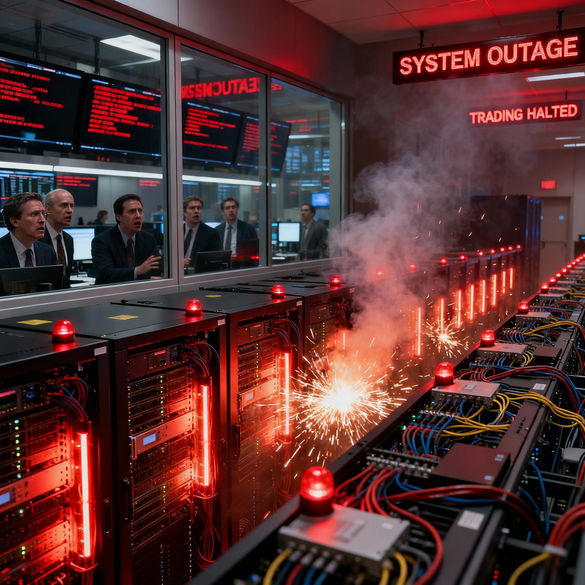 A dramatic photorealistic scene inside a high-tech data center during a crisis: rows of server racks flash red warning lights, with one rack emitting thick smoke, bright sparks, and electrical bursts from an apparent overload or failure. In the background through a glass partition, shocked traders and technicians in business attire react with alarm—some shouting or gesturing urgently—as large screens display red error messages and a prominent overhead sign reads "SYSTEM OUTAGE" and "TRADING HALTED" in glowing red letters. The entire room is bathed in intense red emergency lighting, conveying chaos and disruption from a major technical outage halting futures trading.