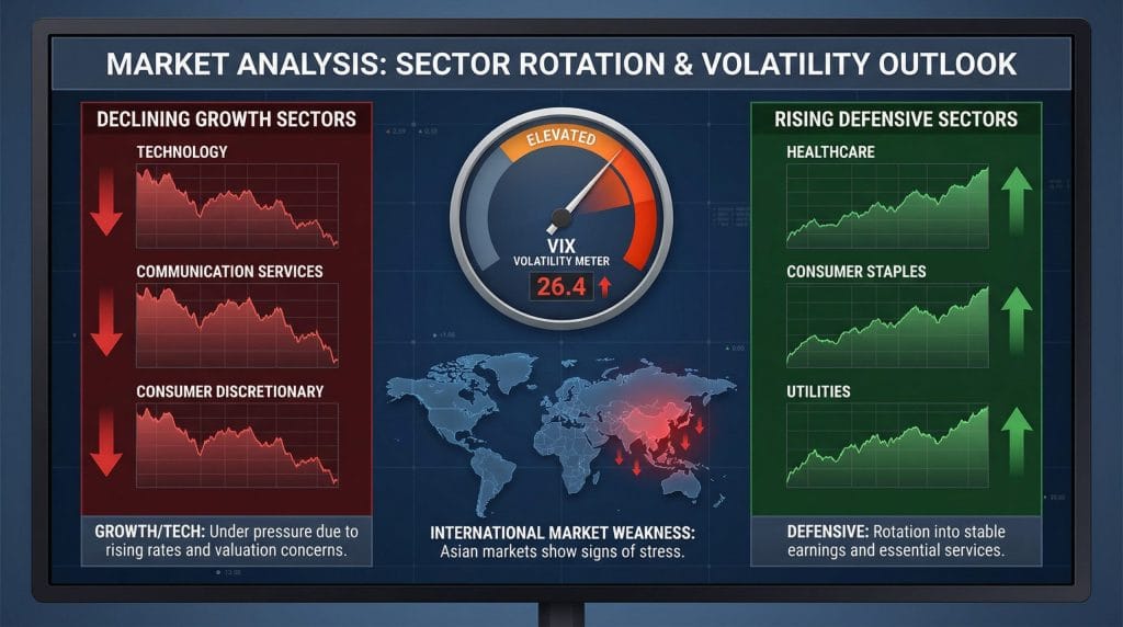 Market analysis graphic from November 2025 showing sector rotation, with declining growth sectors like technology and rising defensive sectors like healthcare, alongside a high VIX volatility meter.