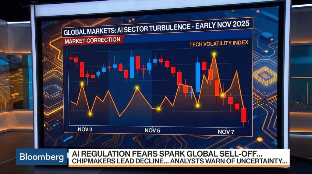 Dramatic financial visualization of the November 2025 AI stock sell-off, showing a downward chart for NVIDIA (NVDA ) and the S&P 500 breaking below its 50-day moving average.