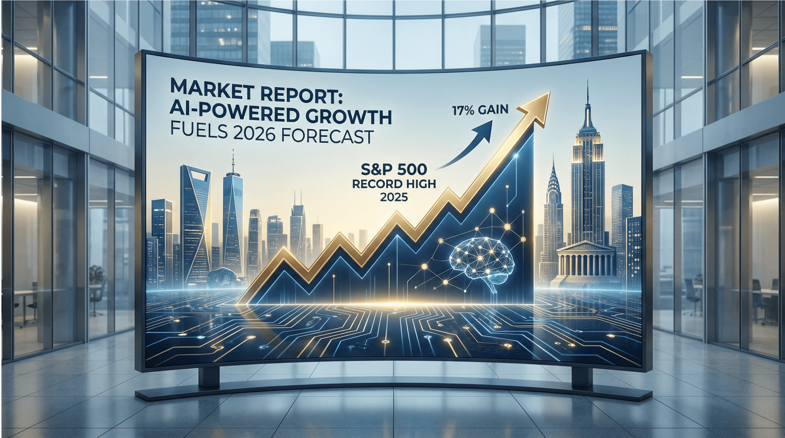 A professional financial display showing a large curved screen in a modern office setting. The screen displays “MARKET REPORT: AI-POWERED GROWTH FUELS 2026 FORECAST” with “17% GAIN” and “S&P 500 RECORD HIGH 2025” prominently featured. The image includes an upward trending chart with golden and blue arrows, a stylized city skyline representing Wall Street with iconic buildings including the Empire State Building and Chrysler Building, and AI-related imagery including a glowing neural network brain and circuit board patterns at the bottom. The color scheme is blue and gold, conveying optimism and financial success.
