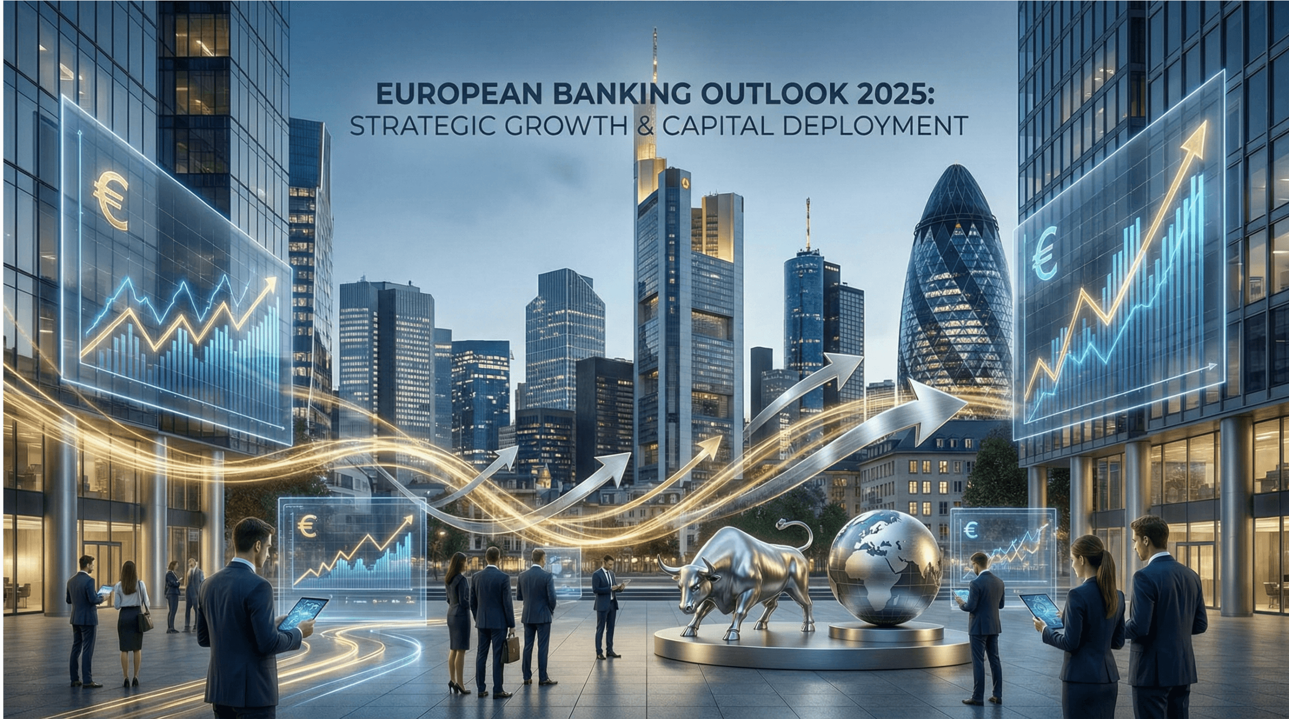 A professional financial scene depicting Frankfurt’s financial district at dusk with modern skyscrapers and the iconic “Gherkin” building visible. In the foreground, business professionals in corporate attire observe holographic financial displays showing upward trending graphs, euro currency symbols, and bar charts. A prominent golden bull statue and silver globe are positioned on a platform in the center, symbolizing financial strength and global markets. The image features flowing golden light trails representing capital flow and investment opportunities, with the text “EUROPEAN BANKING OUTLOOK 2025: STRATEGIC GROWTH & CAPITAL DEPLOYMENT” displayed at the top. The color palette includes blues, golds, and silvers, creating a sophisticated corporate aesthetic.