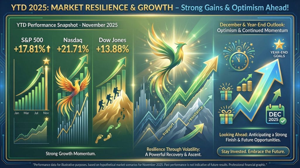 Year-to-date performance summary for November 2025, showing strong gains for the S&P 500, Nasdaq, and Dow, with visuals of market resilience and forward-looking optimism.