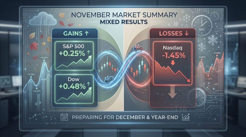 End-of-month market summary for November 2025 showing mixed results, with gains for the S&P 500 and Dow, but losses for the Nasdaq, against a backdrop of market volatility.