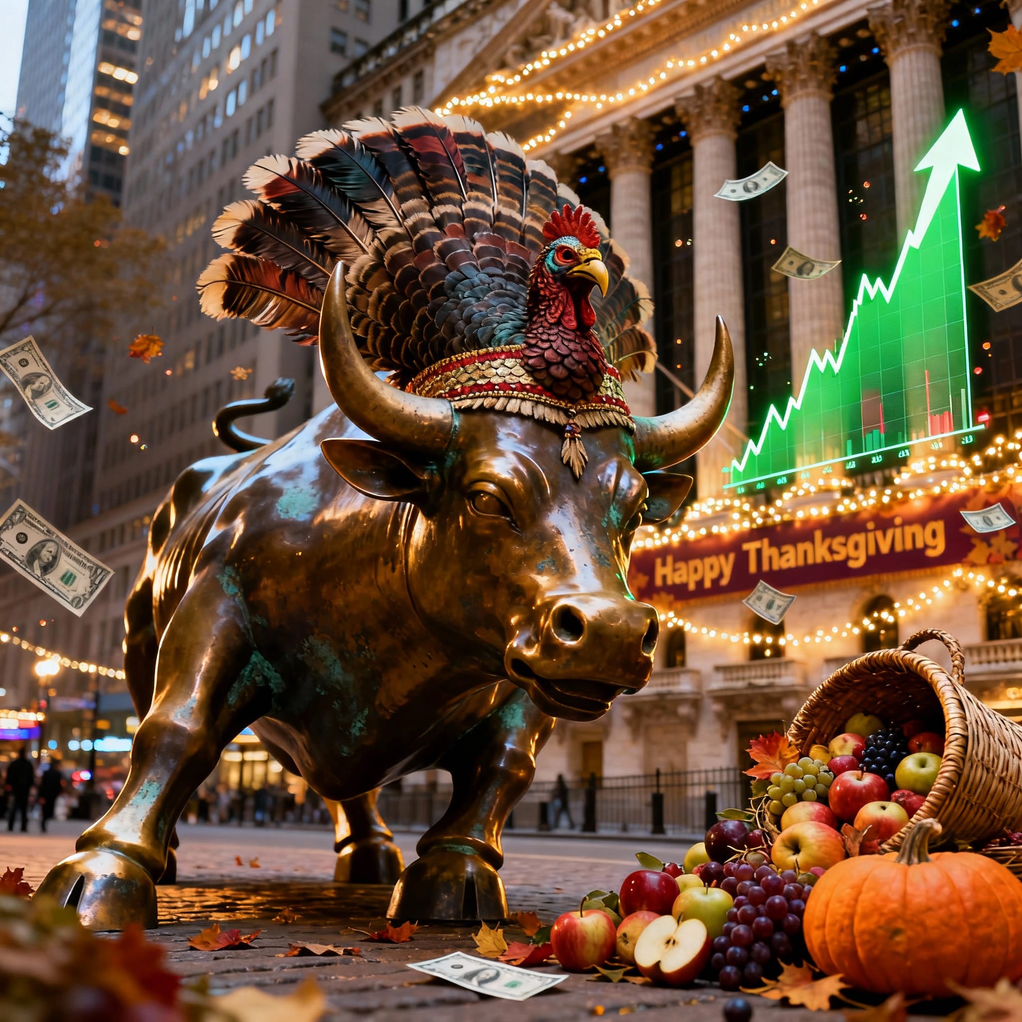 The iconic Wall Street Charging Bull statue stands triumphantly in front of the New York Stock Exchange at dusk, adorned with a colorful Thanksgiving turkey headdress complete with feathers and a turkey figure on top. A large cornucopia basket overflows with autumn fruits, vegetables, and a pumpkin in the foreground, while dollar bills float through the air. A glowing green upward-trending stock chart arrow rises prominently in the background, alongside festive string lights and a "Happy Thanksgiving" banner, symbolizing a bullish pre-Thanksgiving stock market rally. Photorealistic style blending financial optimism with holiday abundance.