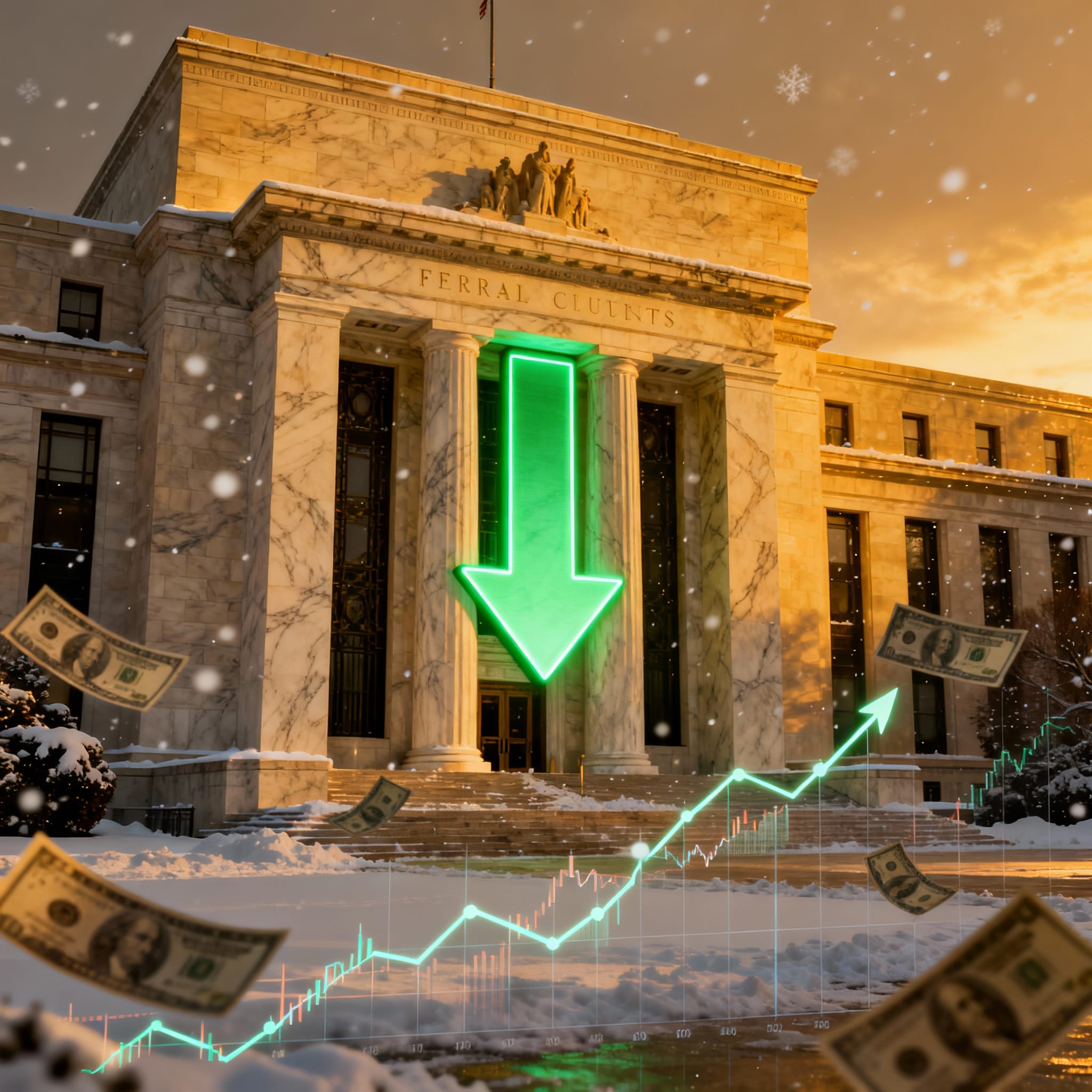 The Federal Reserve building in Washington DC during a snowy winter sunset, with warm golden lighting on its classical facade and gentle snowflakes falling. A large glowing green downward arrow points prominently toward the entrance, symbolizing interest rate cuts, while floating U.S. dollar bills drift through the air. In the foreground, a holographic-style rising green stock market chart line with candlestick patterns emerges from the snow, representing market gains and optimism tied to anticipated Fed policy easing. Photorealistic composite image conveying monetary policy expectations in a festive December setting.