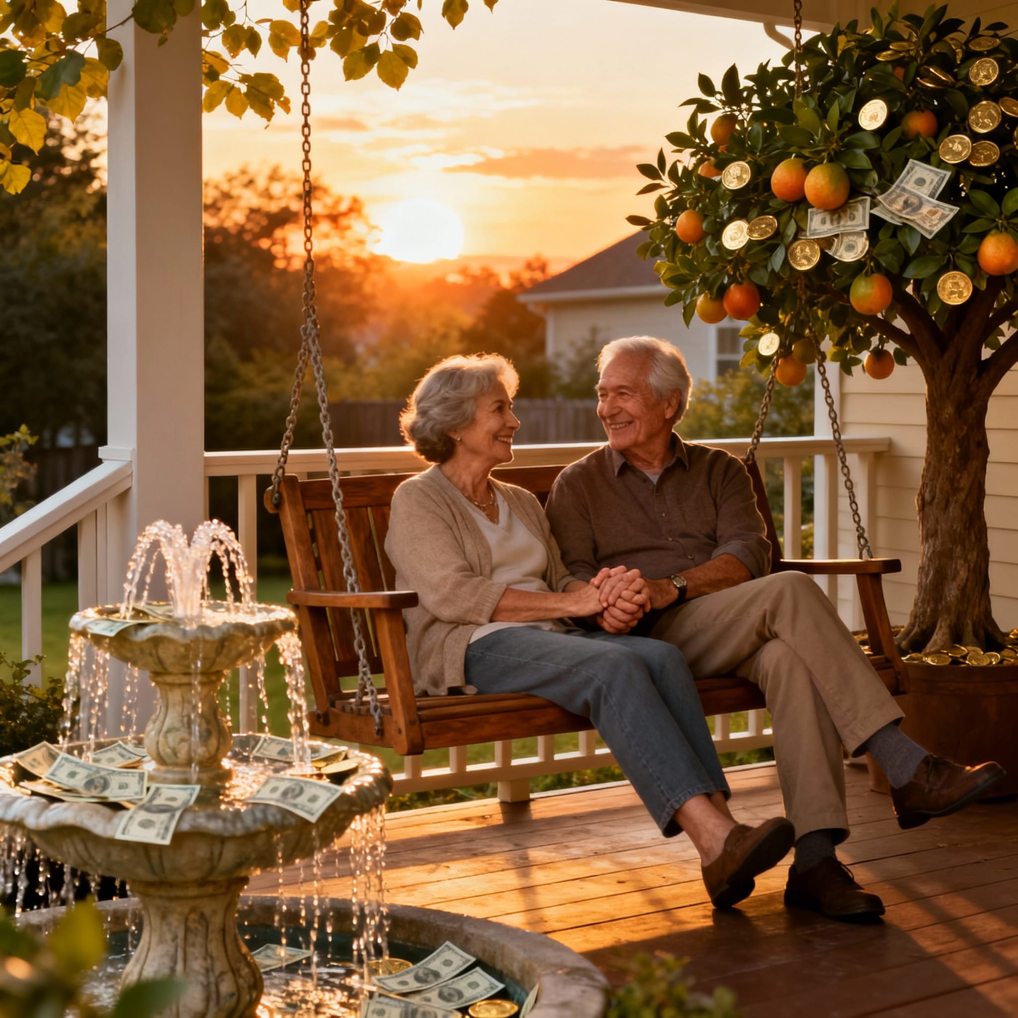 An elderly couple in their 70s sits closely together on a wooden porch swing at sunset, smiling warmly at each other while holding hands, evoking a sense of contentment and retirement bliss. In the foreground, a stone fountain flows with water mixed with dollar bills, and to the right, a tree bears both oranges and golden coins with bills tucked among the branches, symbolizing abundant, sustainable financial income. The scene is bathed in warm golden-hour sunlight, with a peaceful suburban backyard and soft sky in the background. Photorealistic style with symbolic money elements representing reliable retirement wealth.