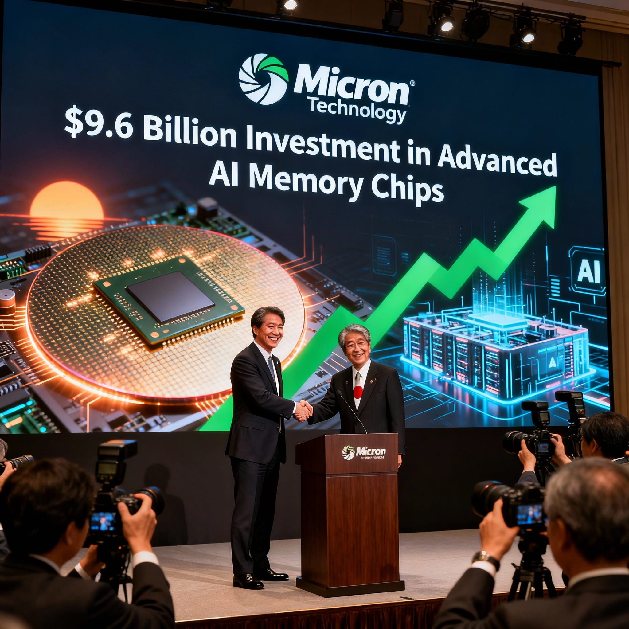 At a press conference, two executives shake hands in front of a screen announcing Micron Technology's $9.6 Billion Investment in Advanced AI Memory Chips, with photographers capturing the moment. 