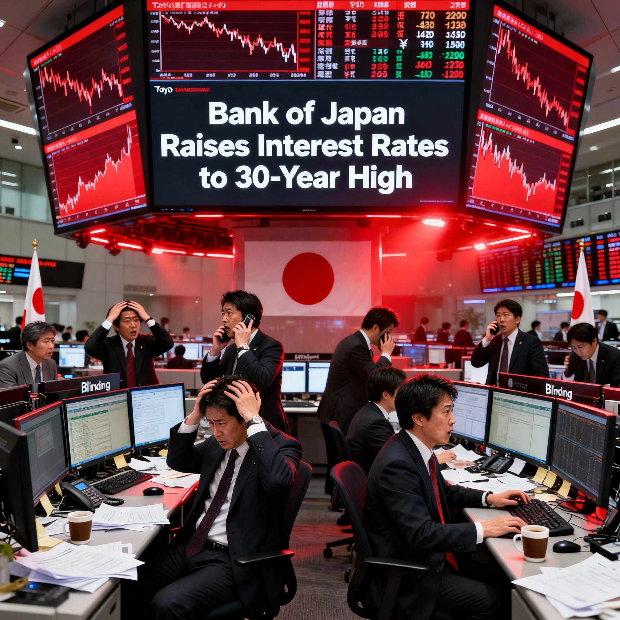 Tokyo Stock Exchange floor bathed in red light, screens showing declining charts and headline "Bank of Japan Raises Interest Rates to 30-Year High". Stressed traders on phones and clutching heads.