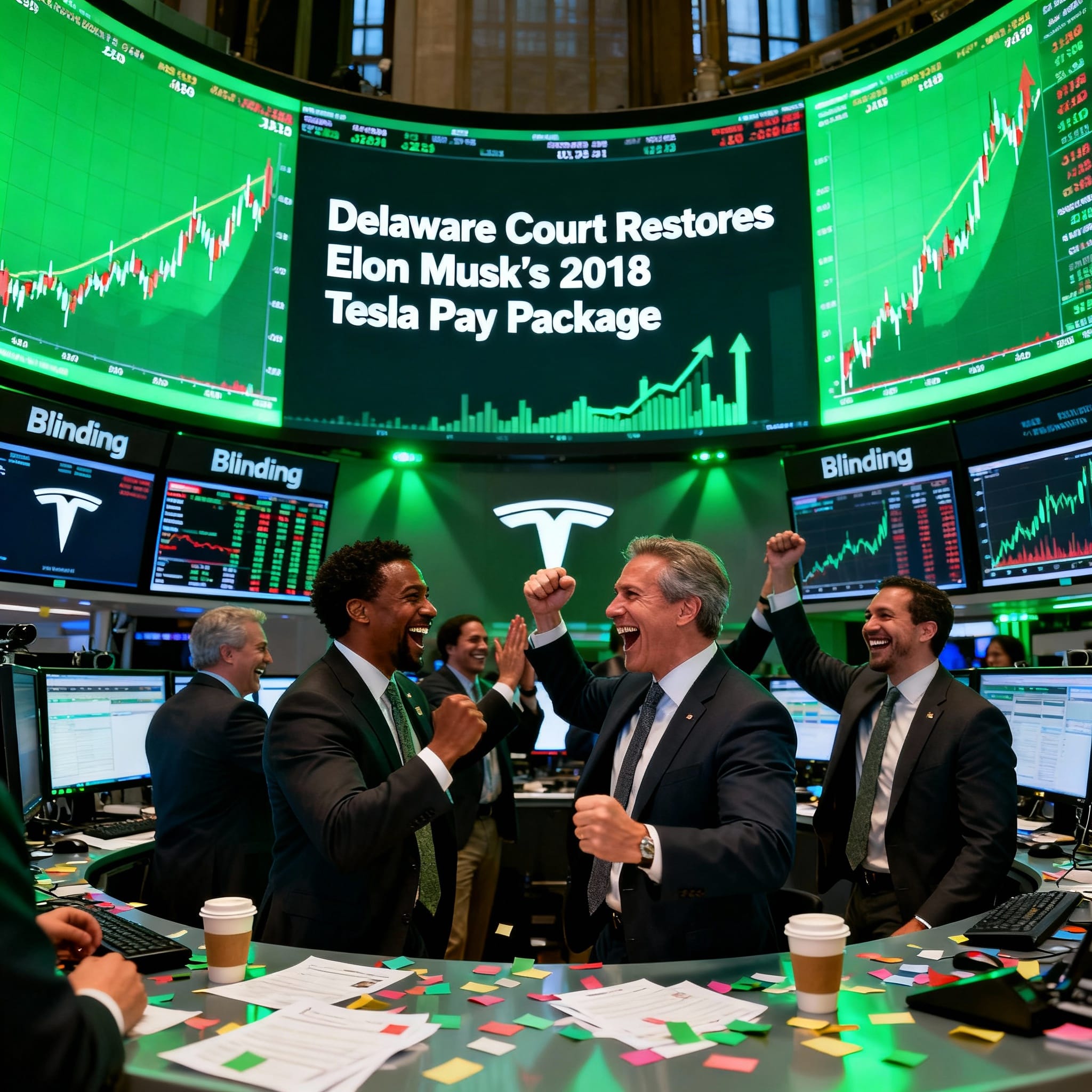 Stock exchange floor glowing green with rising charts and headline "Delaware Court Restores Elon Musk's 2018 Tesla Pay Package". Jubilant traders celebrating with fist pumps and cheers. 