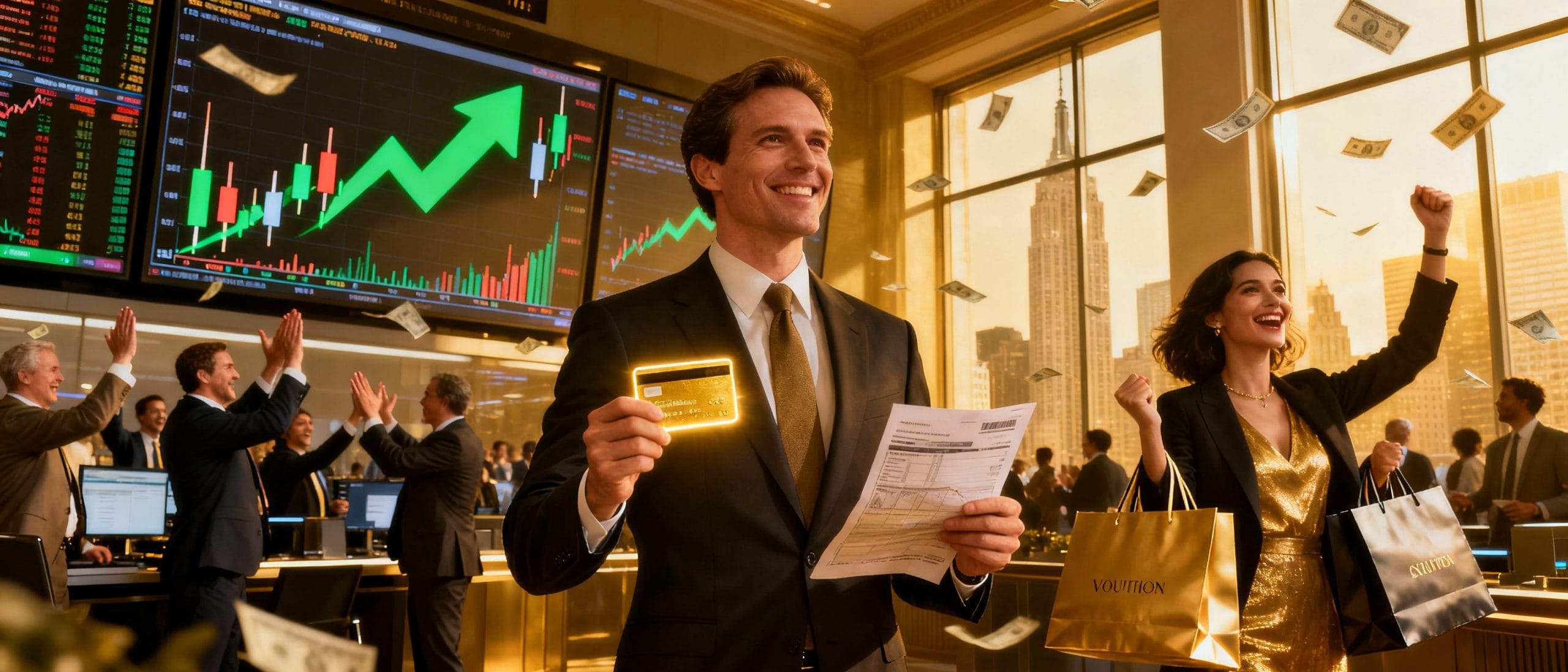 Exuberant traders celebrate on a sunlit Wall Street floor as money rains down. A businessman holds a glowing gold credit card and documents, while a woman with luxury shopping bags raises her arms triumphantly amid soaring green stock charts. 