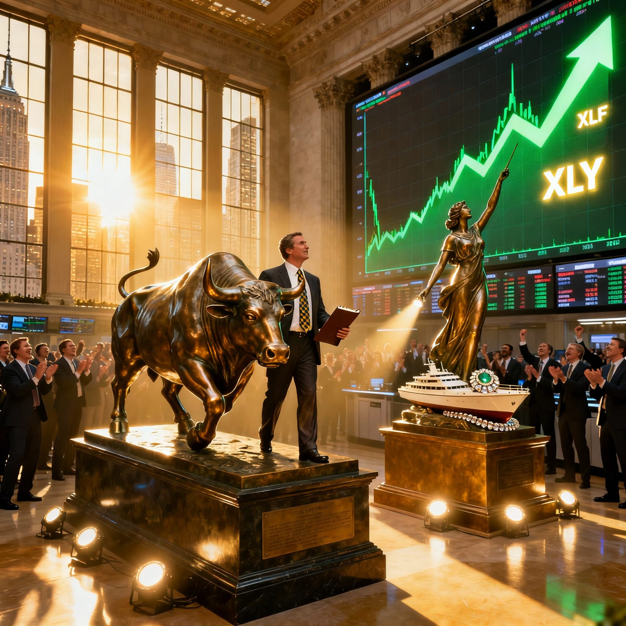 On the NYSE floor, a charging bull statue (financials) and a triumphant figure with yacht and jewels (discretionary) stand spotlighted as traders cheer beneath soaring XLF and XLY charts. 