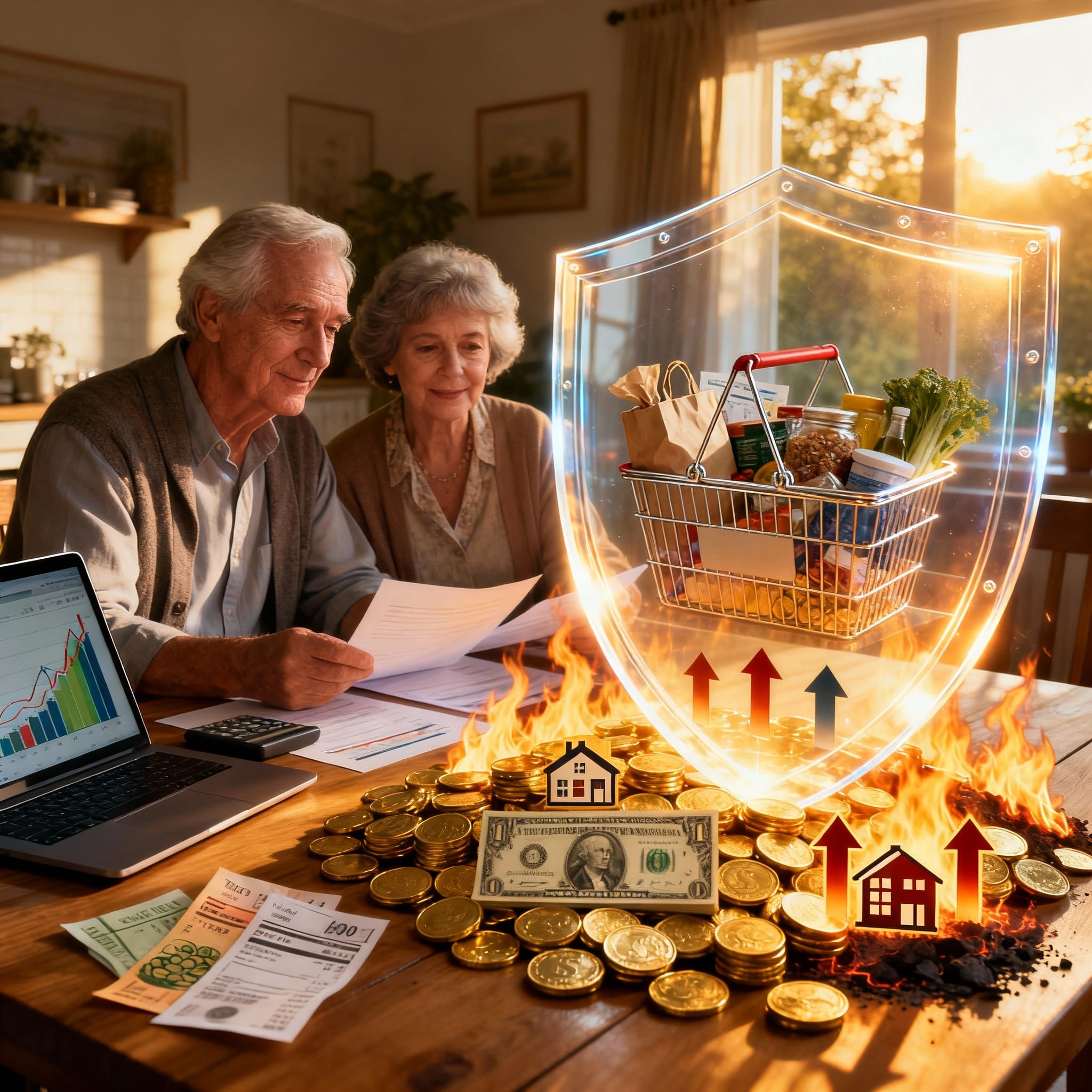 Elderly couple reviews finances at home table. A glowing shield protects a full grocery basket from flames eroding coins, cash, and rising costs, symbolizing inflation-protected retirement. 