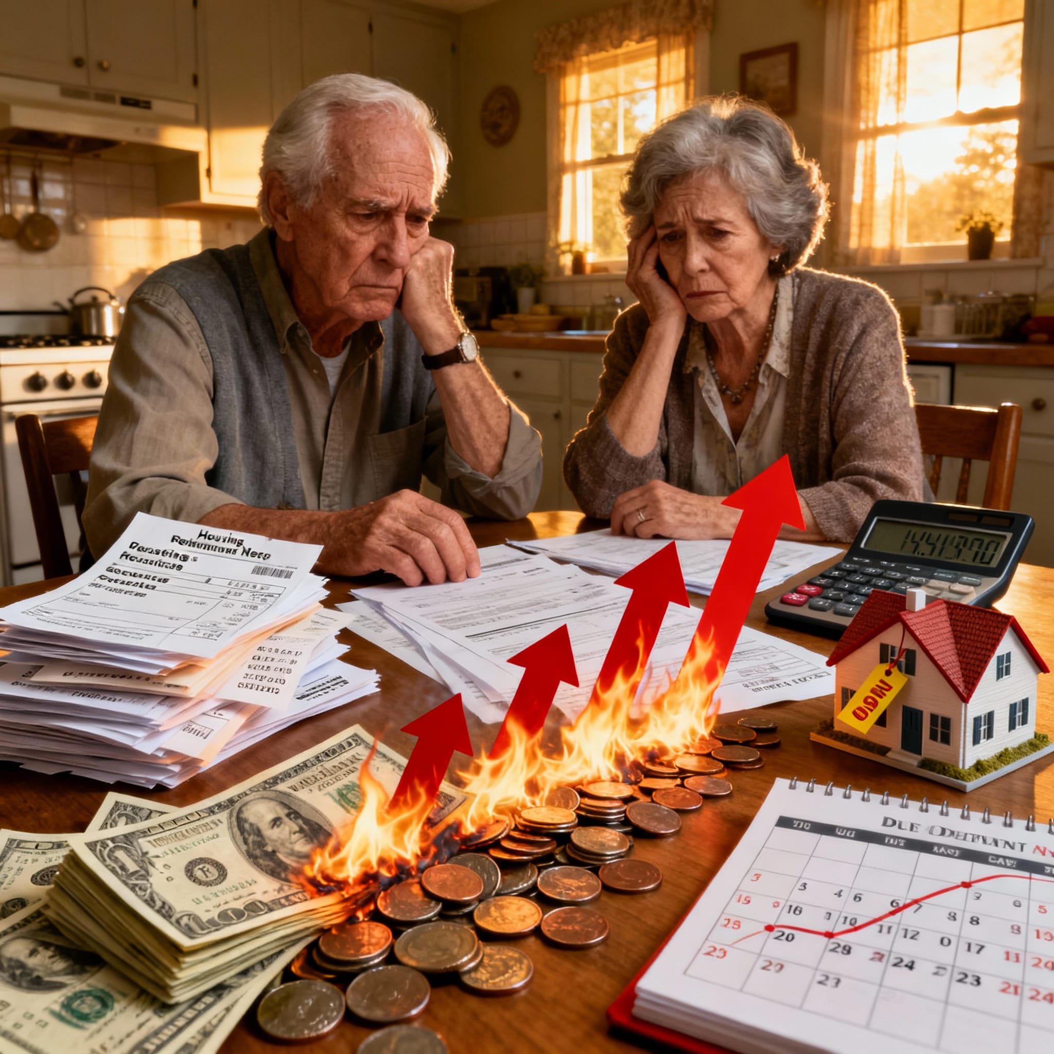 Worried elderly couple at kitchen table surrounded by bills and burning money. Fiery upward arrows and a "For Sale" house model symbolize the rising costs of retirement living. 