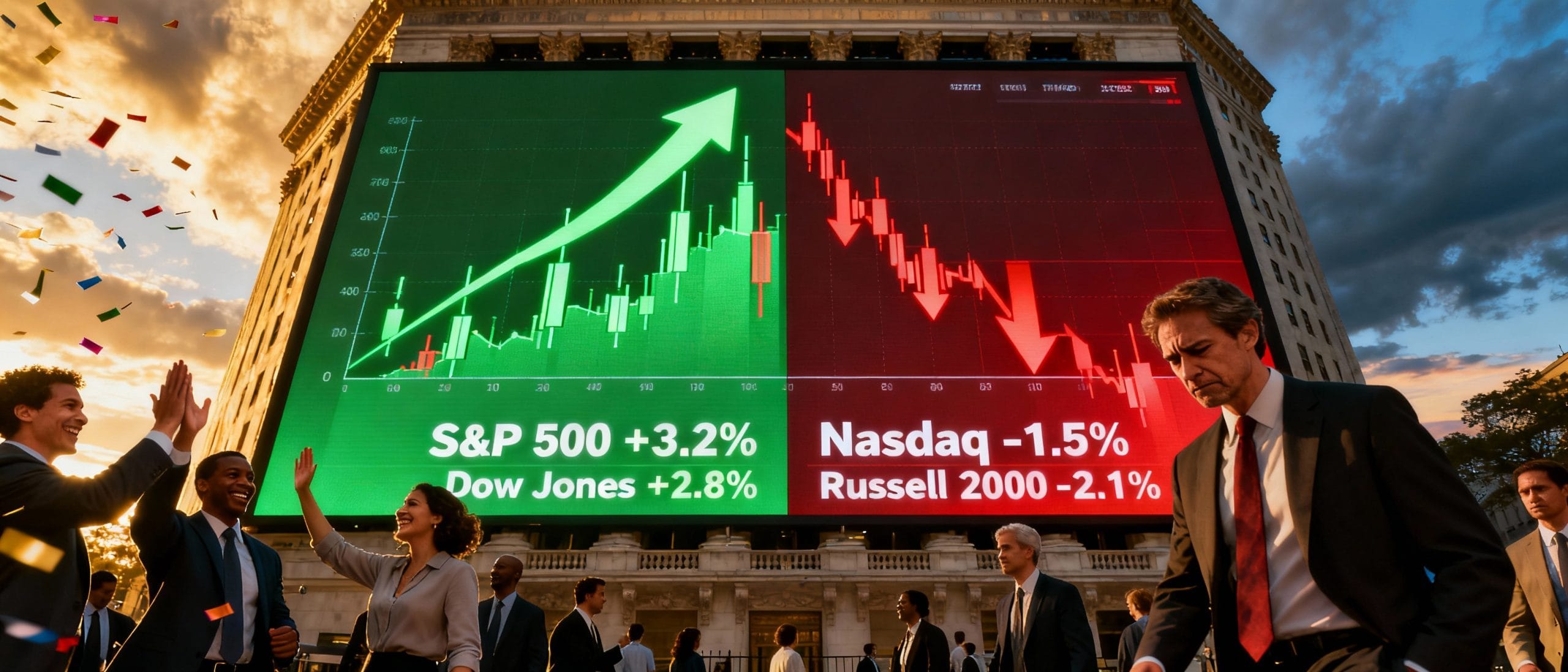 Outside the NYSE, a split billboard shows green gains for S&P 500 (+3.2%) and Dow (+2.8%) with cheering traders, while red losses for Nasdaq (-1.5%) and Russell 2000 (-2.1%) reflect divergent month-end performance. 