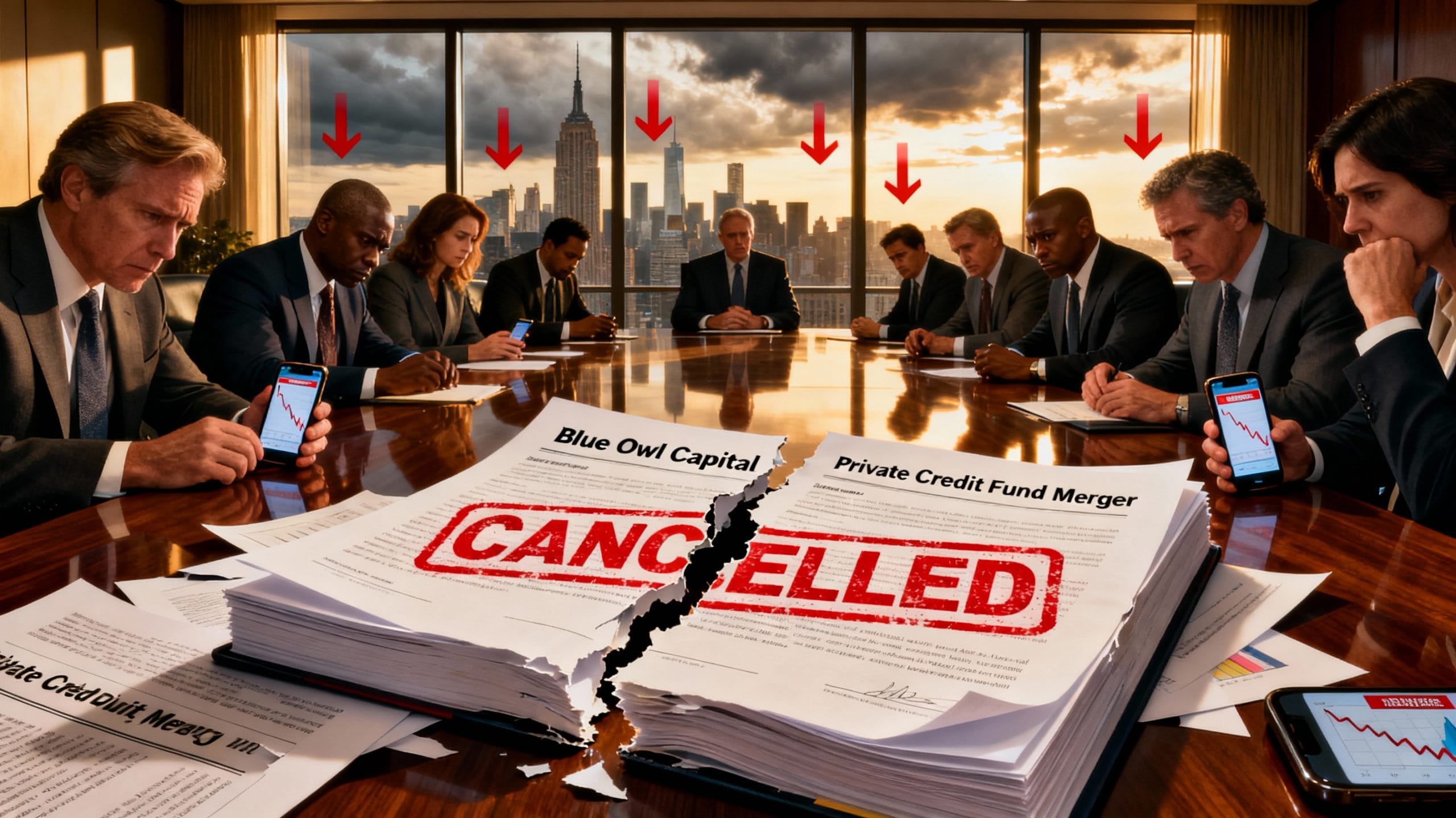 In a tense boardroom overlooking NYC, executives stare at phones showing declining charts as a torn "Blue Owl Capital Private Credit Fund Merger" document stamped "CANCELLED" lies on the table.