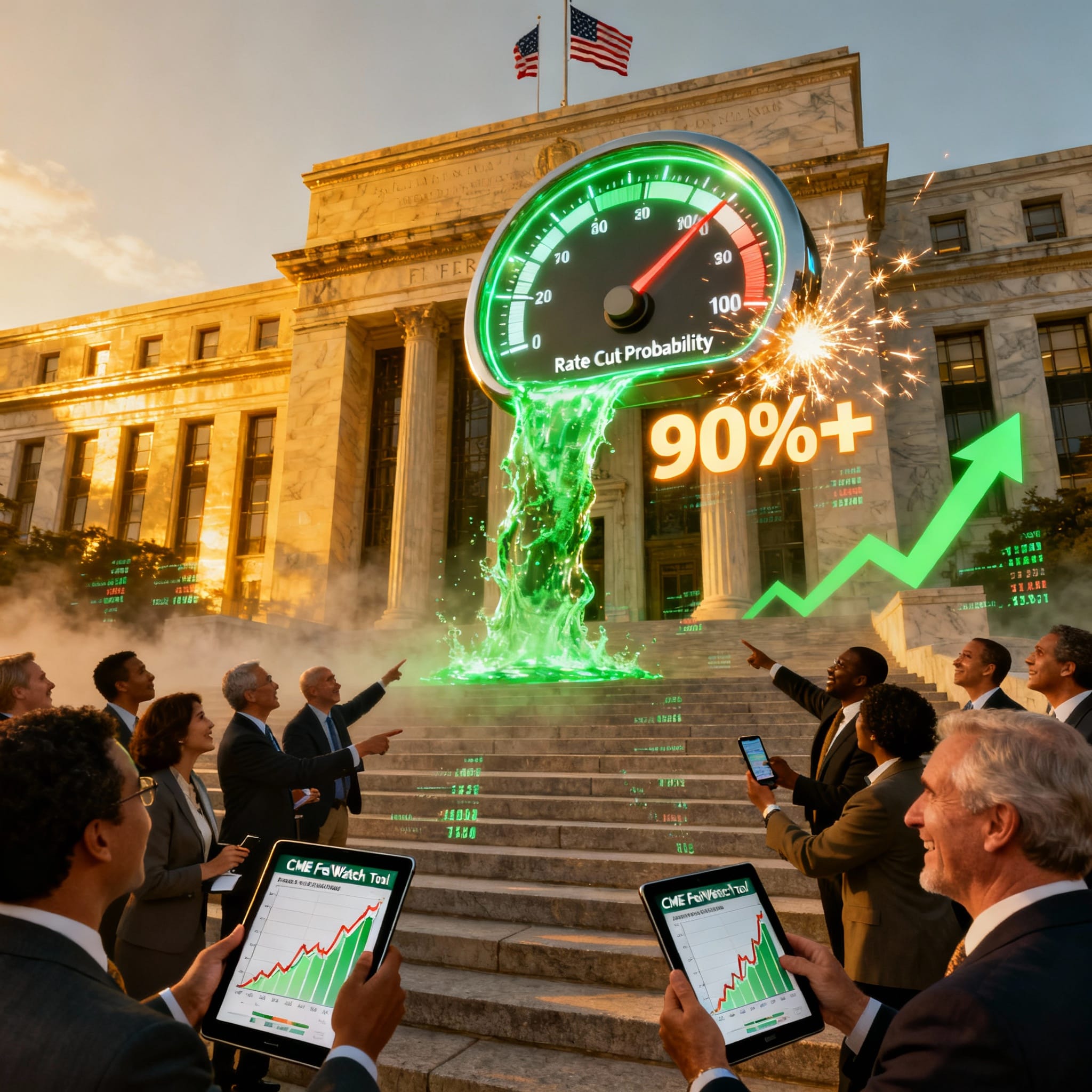 In front of the Federal Reserve building, excited professionals point to tablets showing CME FedWatch charts as a glowing gauge surges to 90%+ Fed rate cut probability with green liquid and sparks.