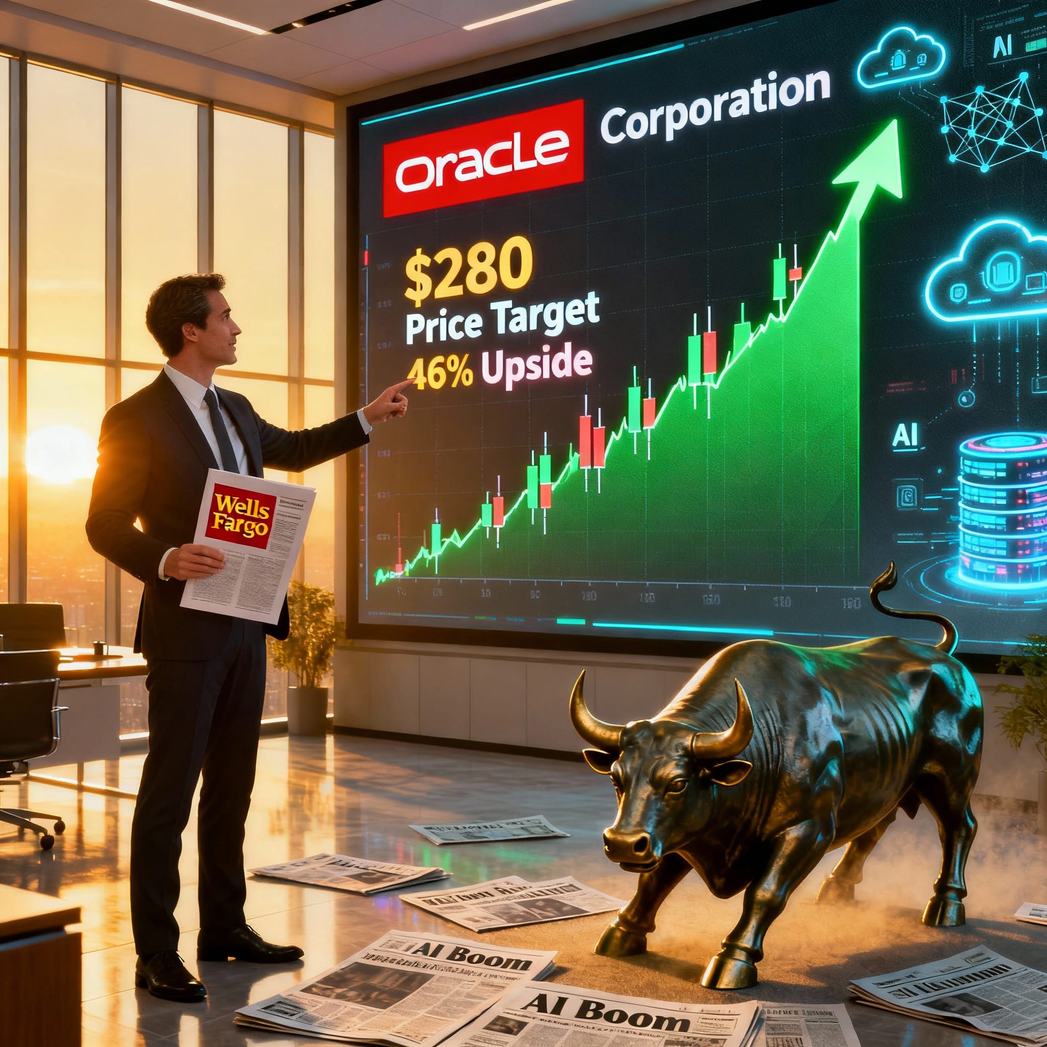 Photorealistic scene: Analyst holding Wells Fargo report points to screen showing Oracle logo, $280 price target, 46% upside, rising green chart, AI icons, and charging bull statue in sunlit office.