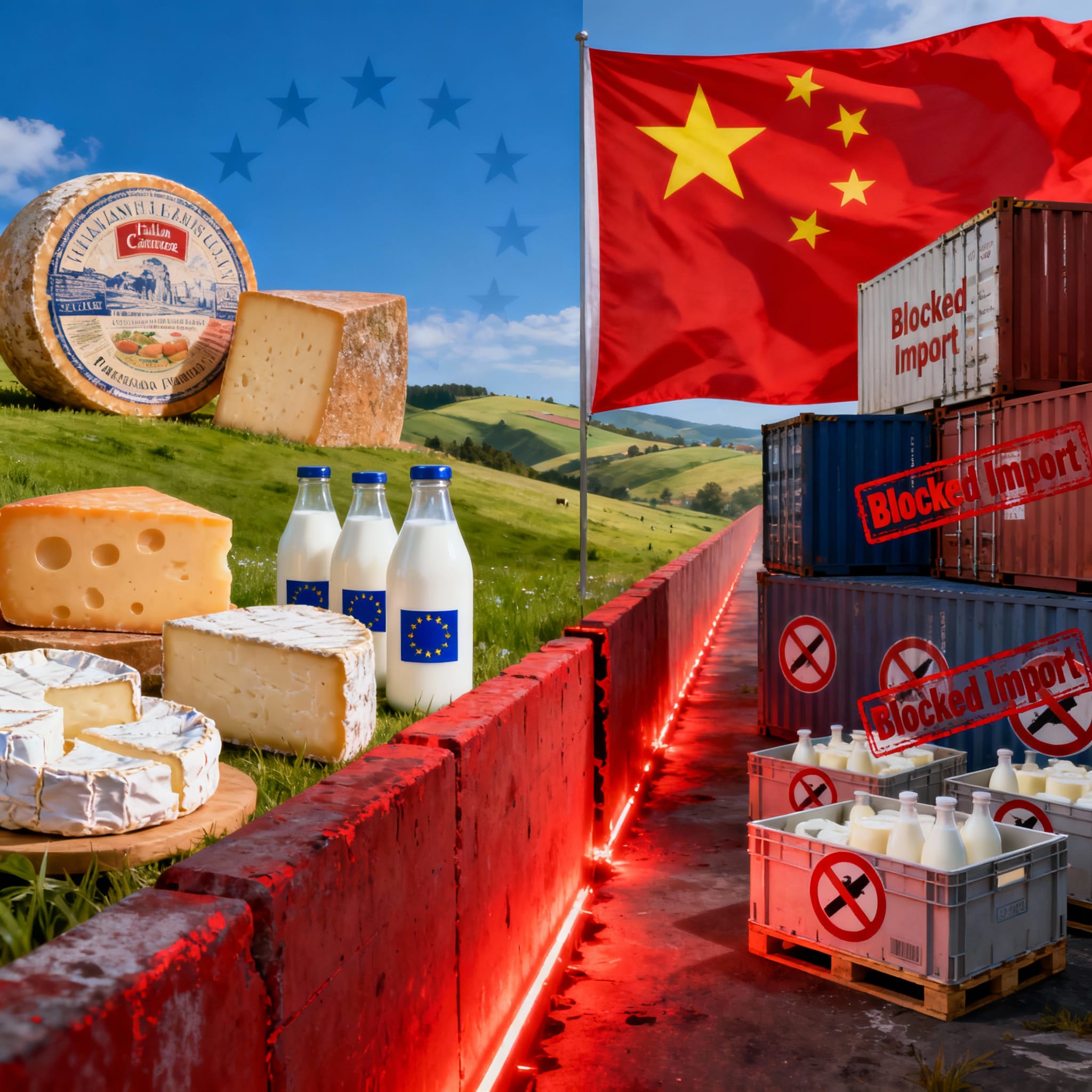 Split-scene photorealistic image: left shows EU dairy products like cheeses and milk on green fields under EU stars; right depicts blocked imports with containers, prohibition signs, and Chinese flag behind a red barrier wall.