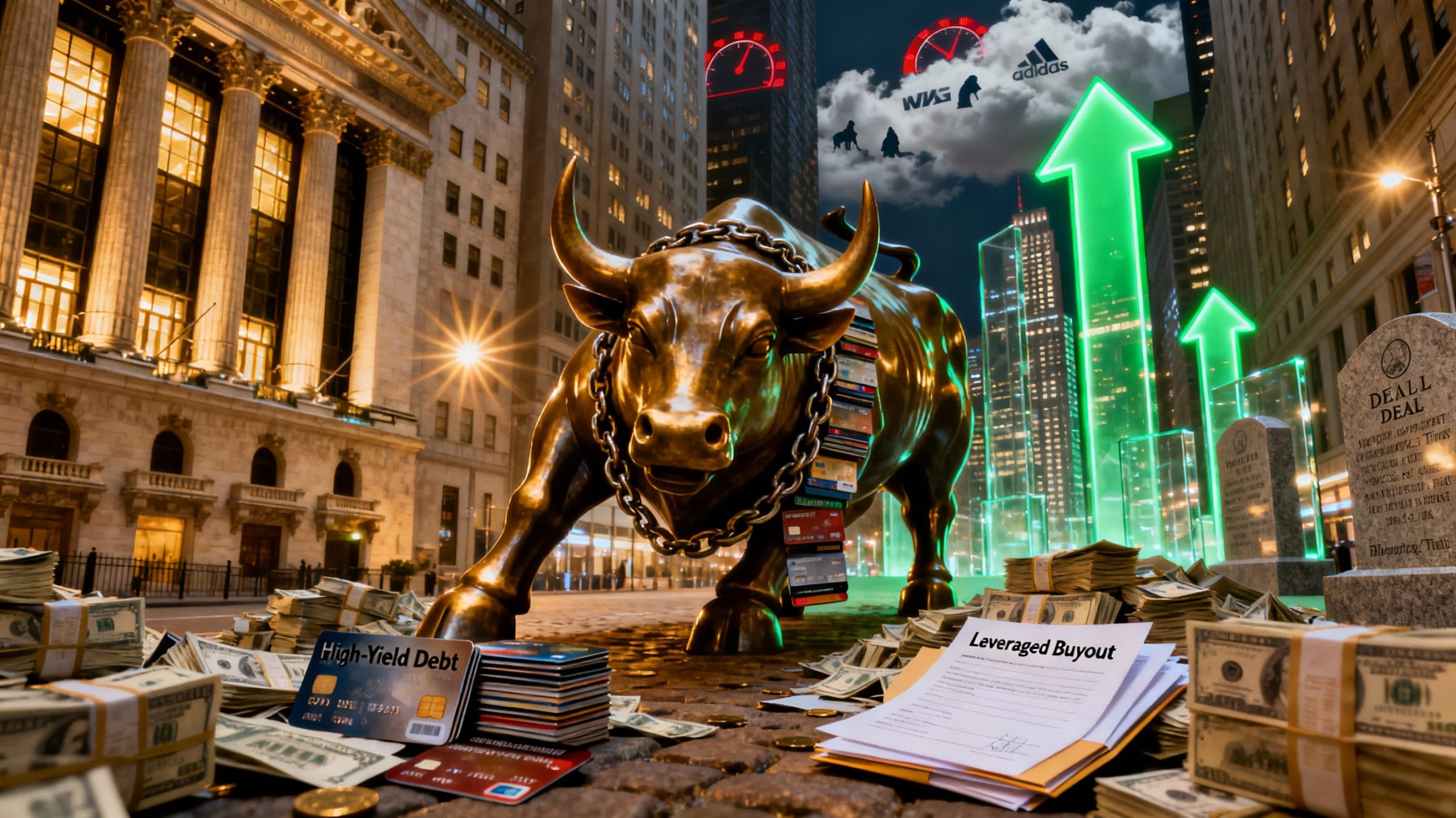 Photorealistic image: Wall Street Charging Bull draped in credit card and debt chains, surrounded by cash piles and leveraged buyout documents, with NYSE facade, green upward arrows, and deal tombstones in background. 