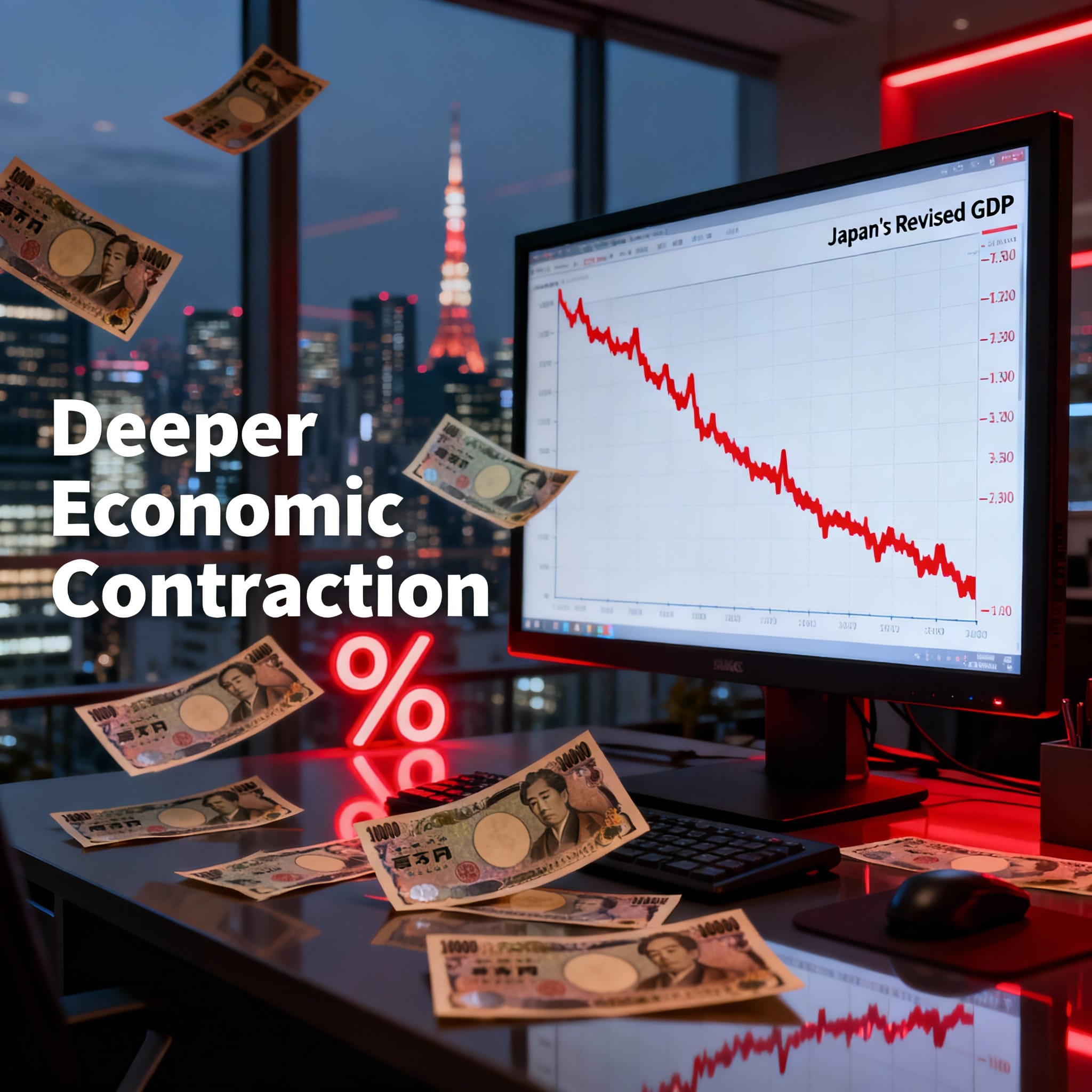 Tokyo office at dusk with Tokyo Tower view. Monitor shows plunging red GDP line for Japan. Yen banknotes scattered and falling, glowing red percentage sign. Text: "Deeper Economic Contraction". 