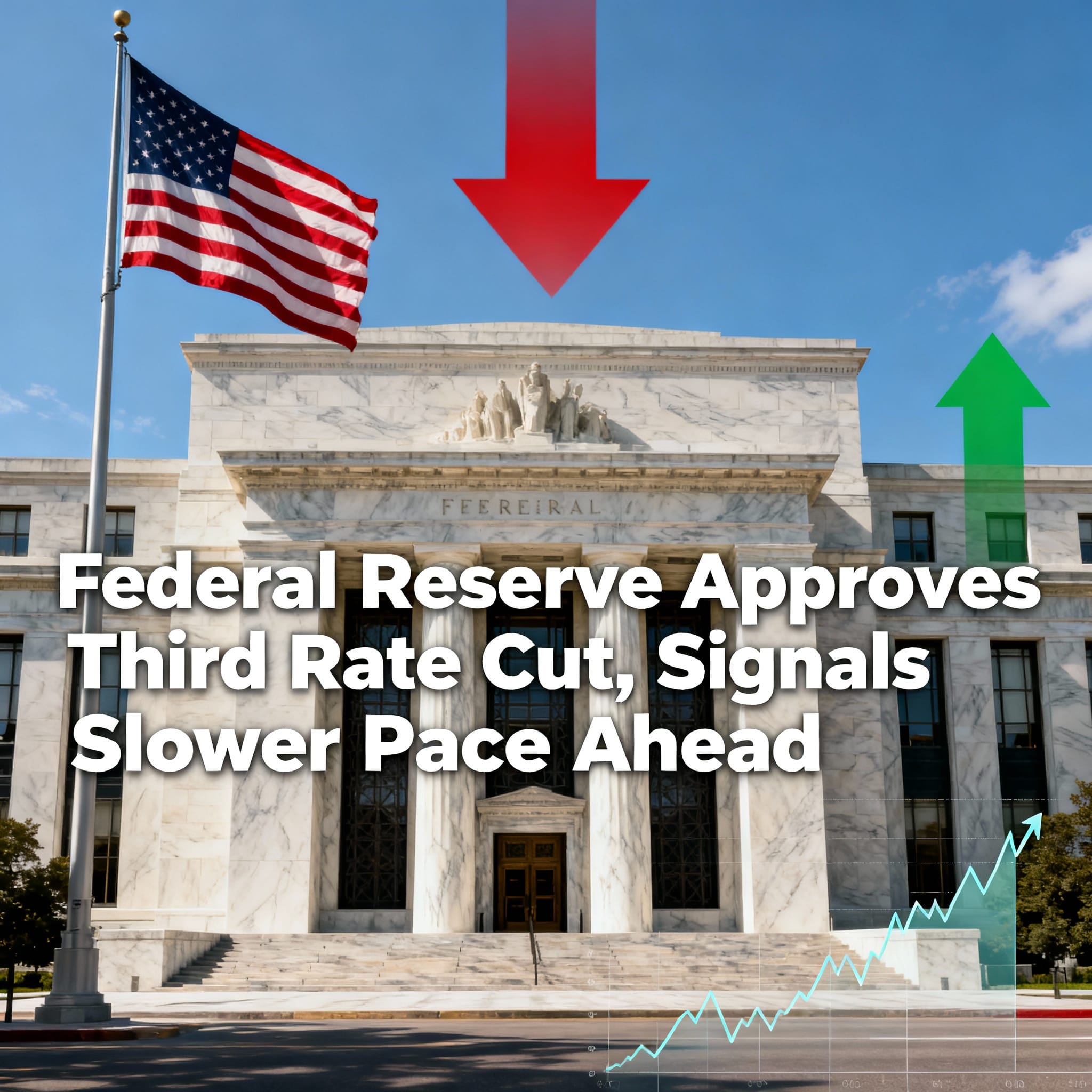 Federal Reserve building with US flag, large red down arrow and green up arrow, headline "Federal Reserve Approves Third Rate Cut, Signals Slower Pace Ahead", and faint rising chart overlay. 