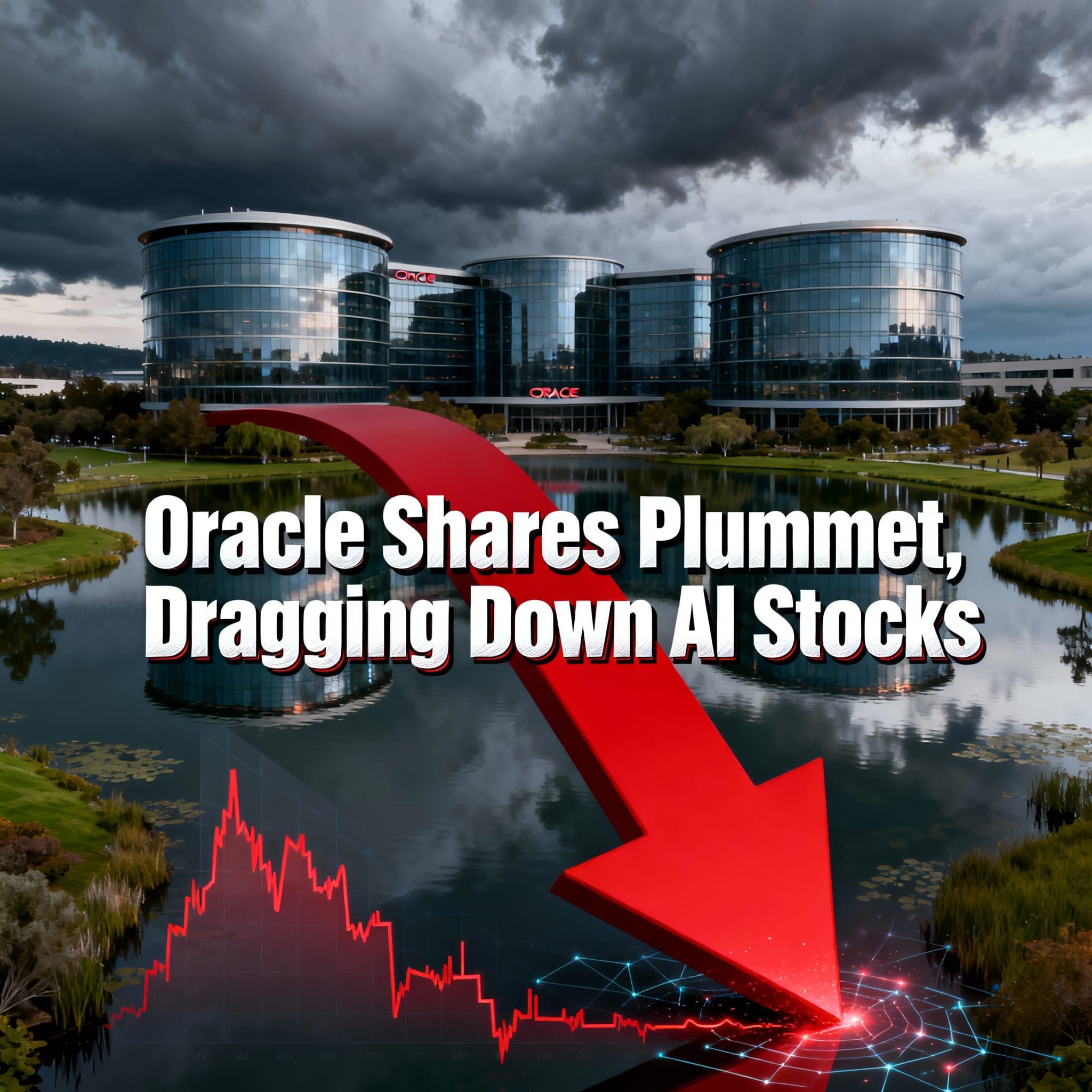 Oracle headquarters with stormy sky, large red downward arrow, headline "Oracle Shares Plummet, Dragging Down AI Stocks", crashing red chart, and glowing AI neural network.