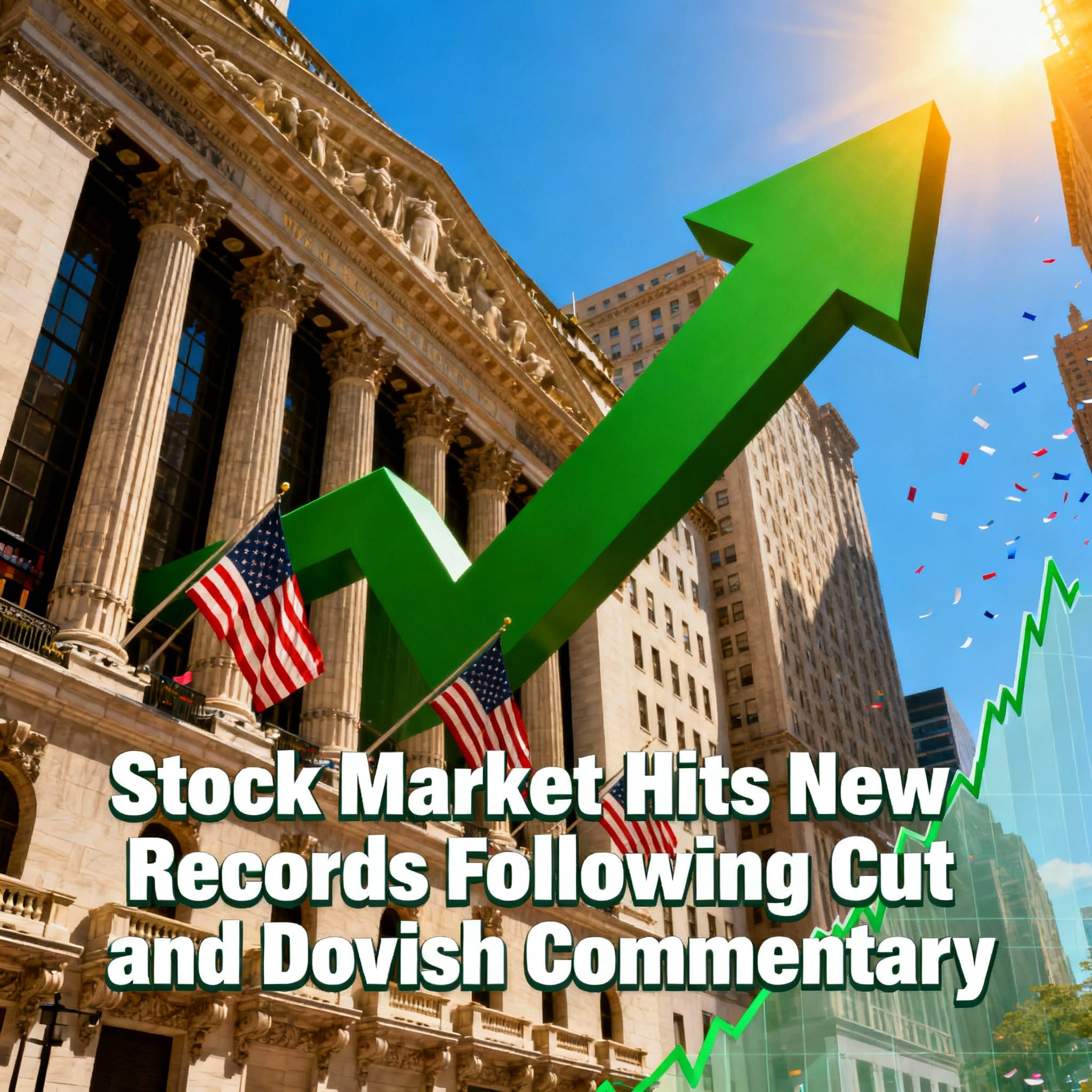 New York Stock Exchange building under sunny sky with large green upward arrow, US flags, confetti, rising chart, and headline "Stock Market Hits New Records Following Cut and Dovish Commentary". 