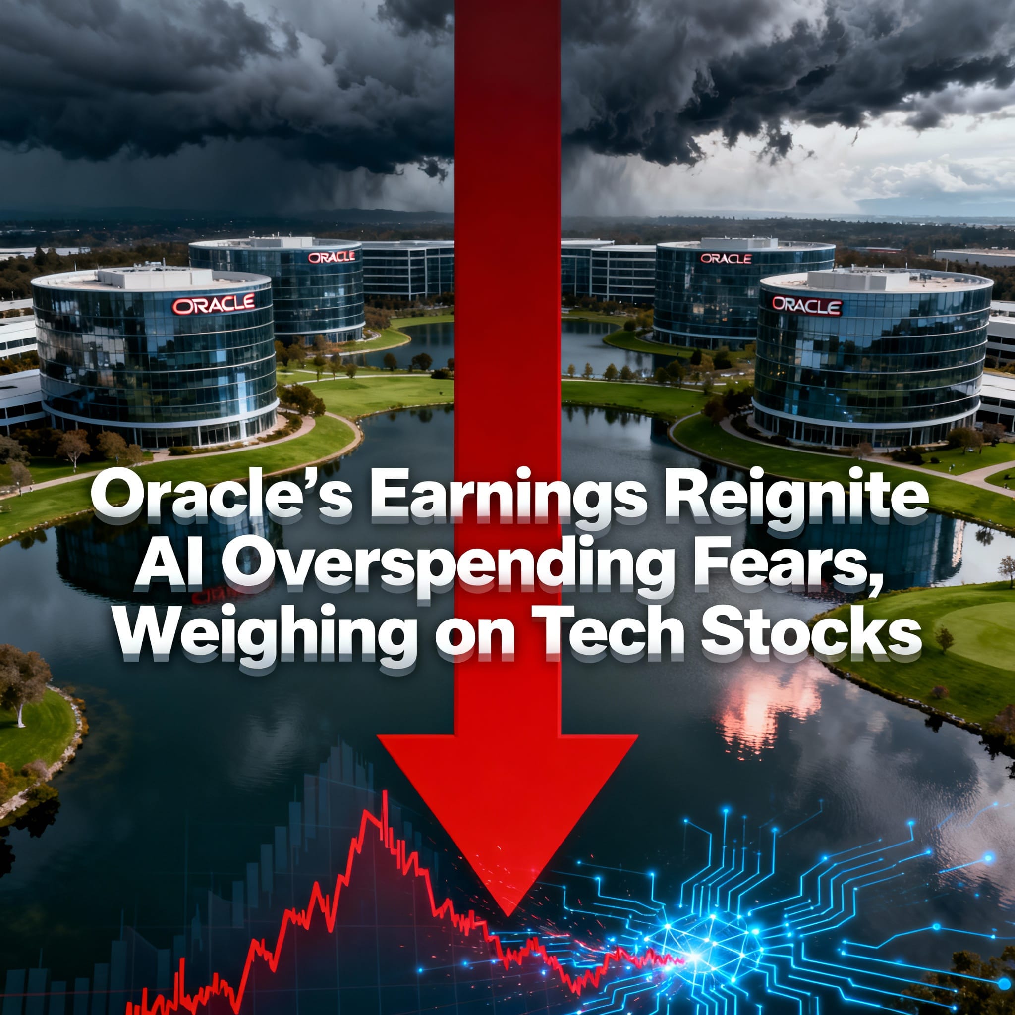 Oracle headquarters under stormy sky with large red downward arrow, headline "Oracle's Earnings Reignite AI Overspending Fears, Weighing on Tech Stocks", crashing red chart, and glowing AI circuits.
