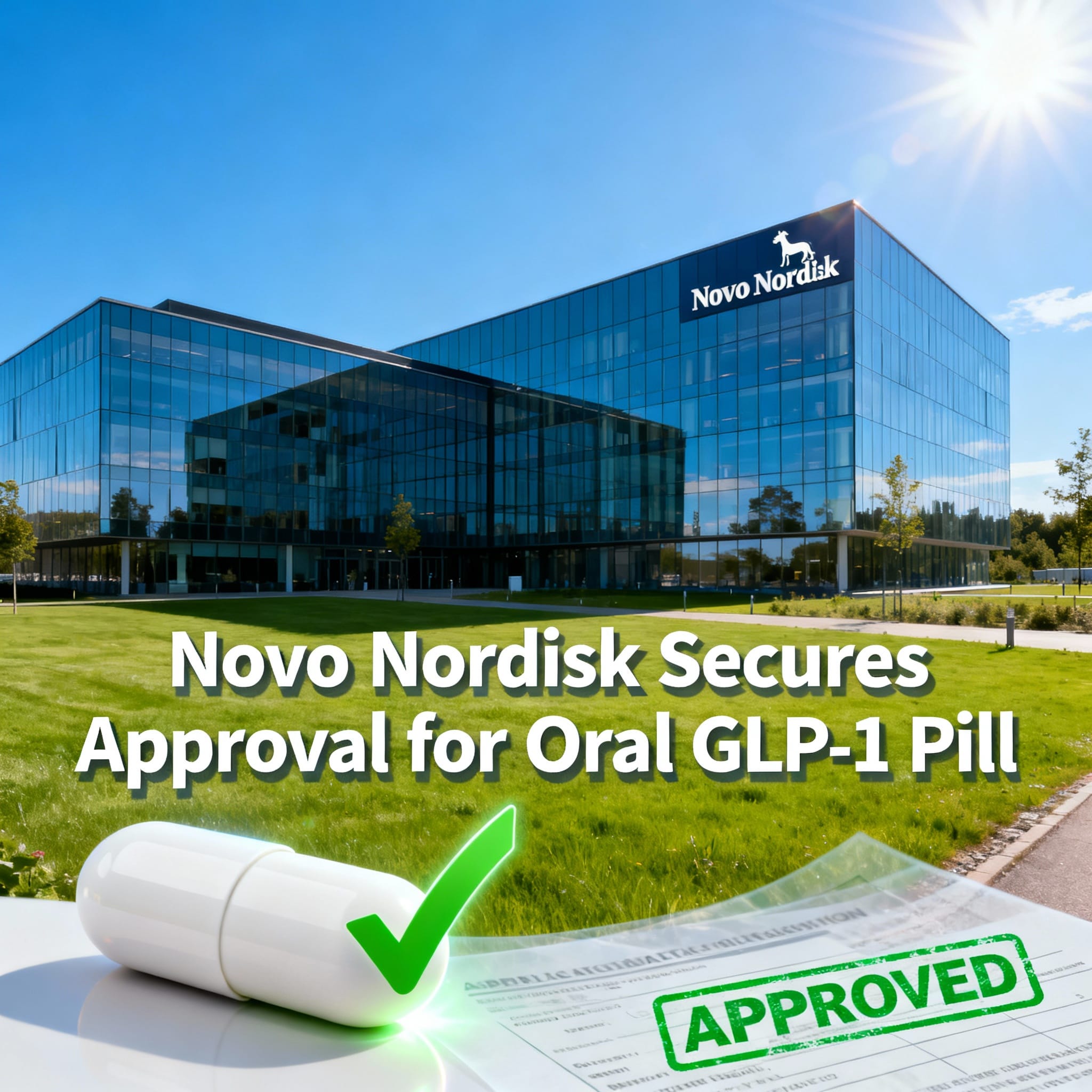 Novo Nordisk headquarters under sunny sky, with pill capsule, green checkmark, "APPROVED" stamp, and headline "Novo Nordisk Secures Approval for Oral GLP-1 Pill". 