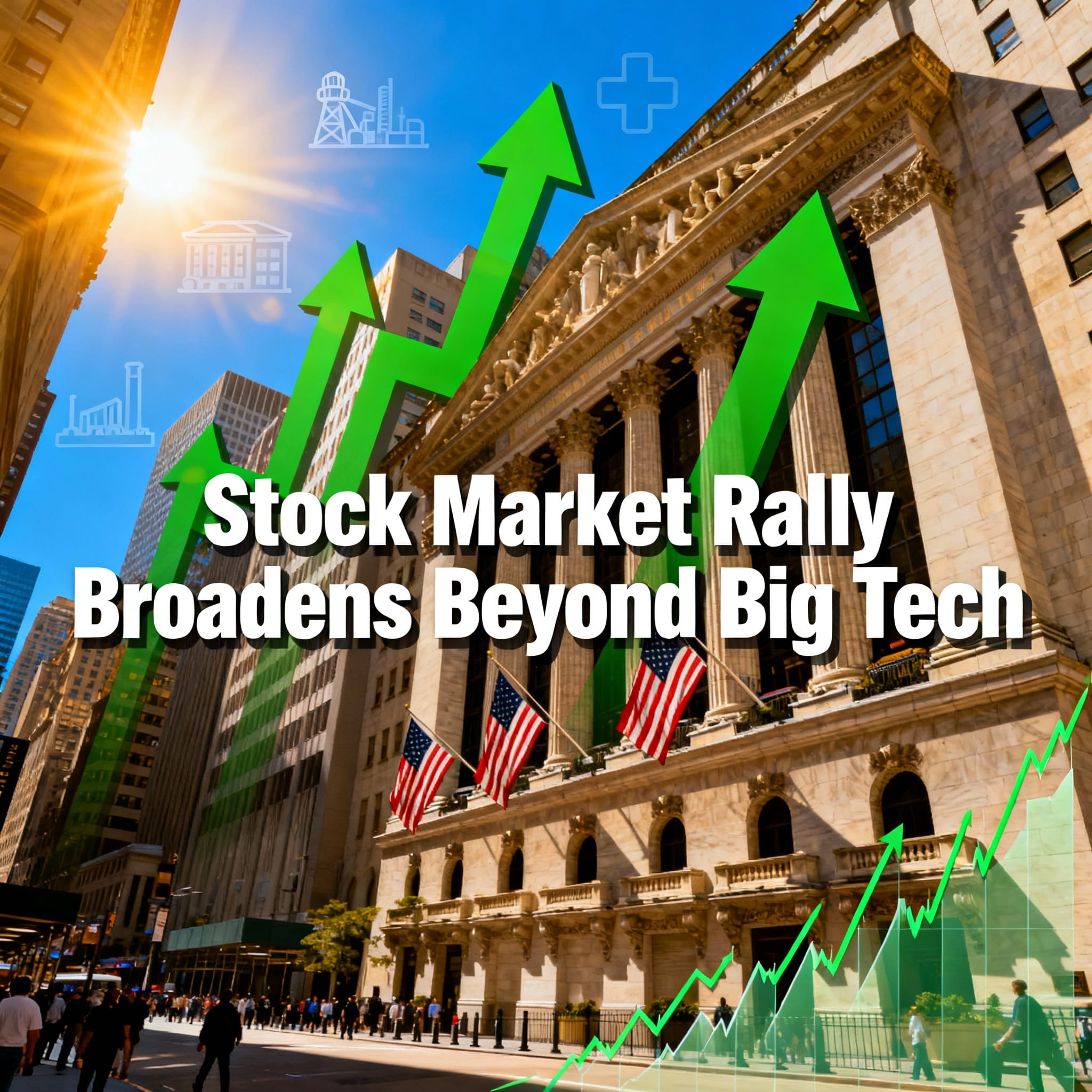 "Photorealistic wide-angle view of the iconic New York Stock Exchange building on Wall Street, with classical columns, American flags waving in the foreground, and bustling street under a bright sunny blue sky with golden sunlight. Several large bold green upward arrows branching out in multiple directions across the sky, symbolizing a broadening market rally. Overlaid prominently in large bold white sans-serif text with subtle shadow across the center: 'Stock Market Rally Broadens Beyond Big Tech'. In the lower right corner, a faint semi-transparent overlay of multiple green rising stock chart lines representing various sectors. Subtle faint icons in the background for diverse sectors like oil rig for energy, hospital cross for healthcare, bank building for finance, and factory for industrials. Optimistic vibrant atmosphere, highly detailed realistic architecture, shadows, and reflections, professional financial news headline style, cinematic composition."