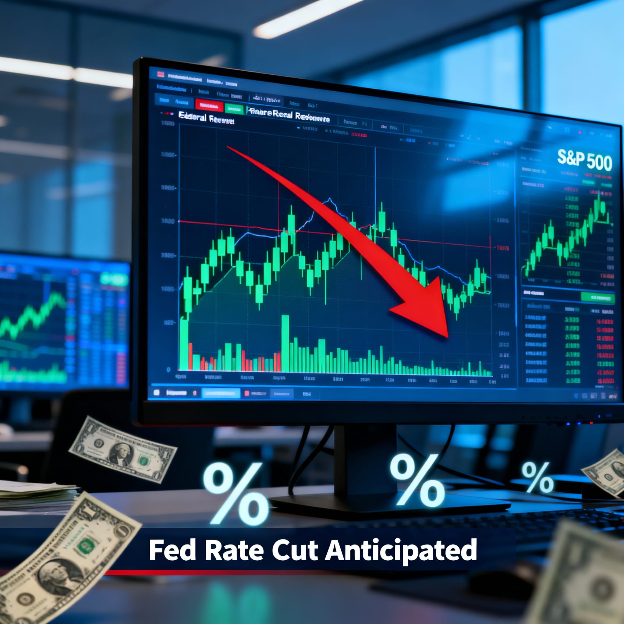 Stock market trading room with monitors showing falling interest rates and a big red downward arrow. Dollar bills and glowing percentage signs in foreground. Text: "Fed Rate Cut Anticipated".