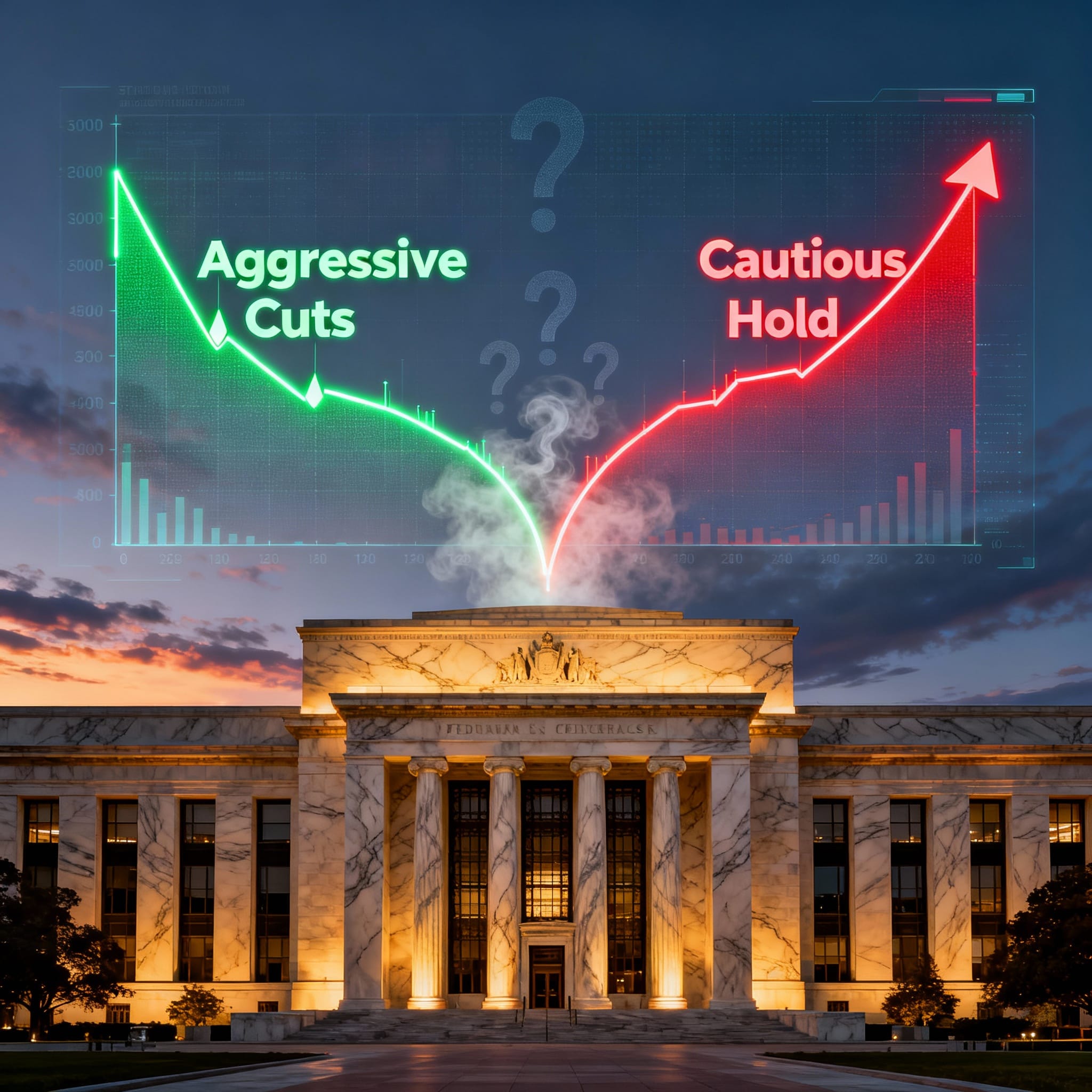 Federal Reserve building at dusk with a holographic chart splitting into green "Aggressive Cuts" downward and red "Cautious Hold" upward paths, surrounded by question marks.