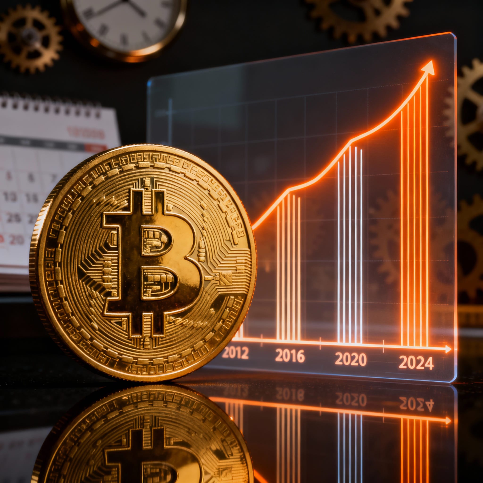 Golden Bitcoin coin in foreground with glowing orange price chart rising in cycles, marked by halving years 2012, 2016, 2020, 2024 on a holographic display.