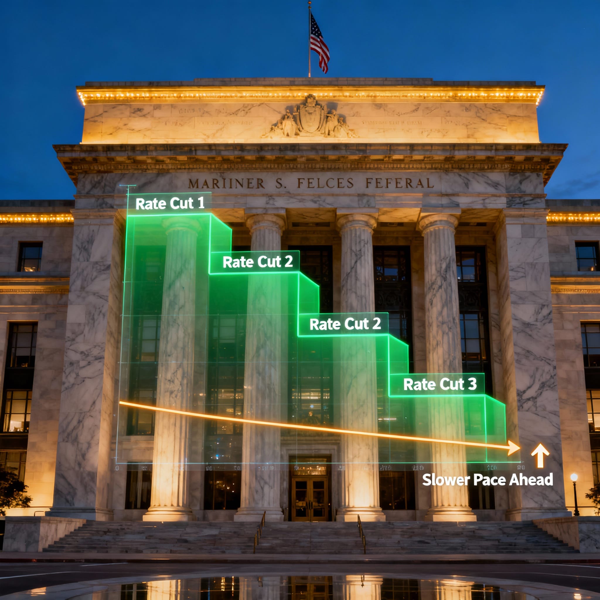 Federal Reserve Eccles Building at twilight with glowing green chart showing three rate cuts stepping down, transitioning to a flattening amber line labeled "Slower Pace Ahead".