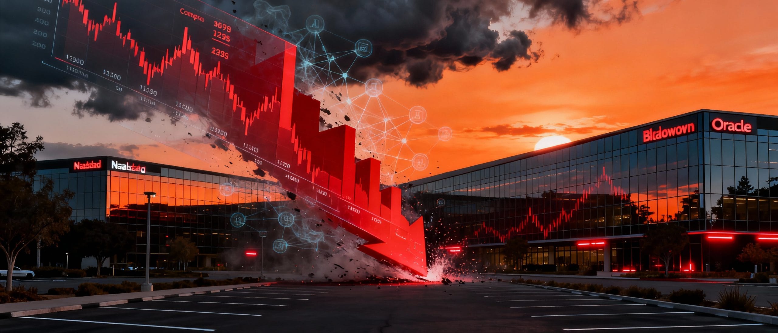 Create alt text with no more than 150 characters for this imageDramatic sunset over Nasdaq, Broadcom, and Oracle buildings with a massive crashing red stock chart and fading AI neural network, symbolizing tech slump on profitability concerns. 