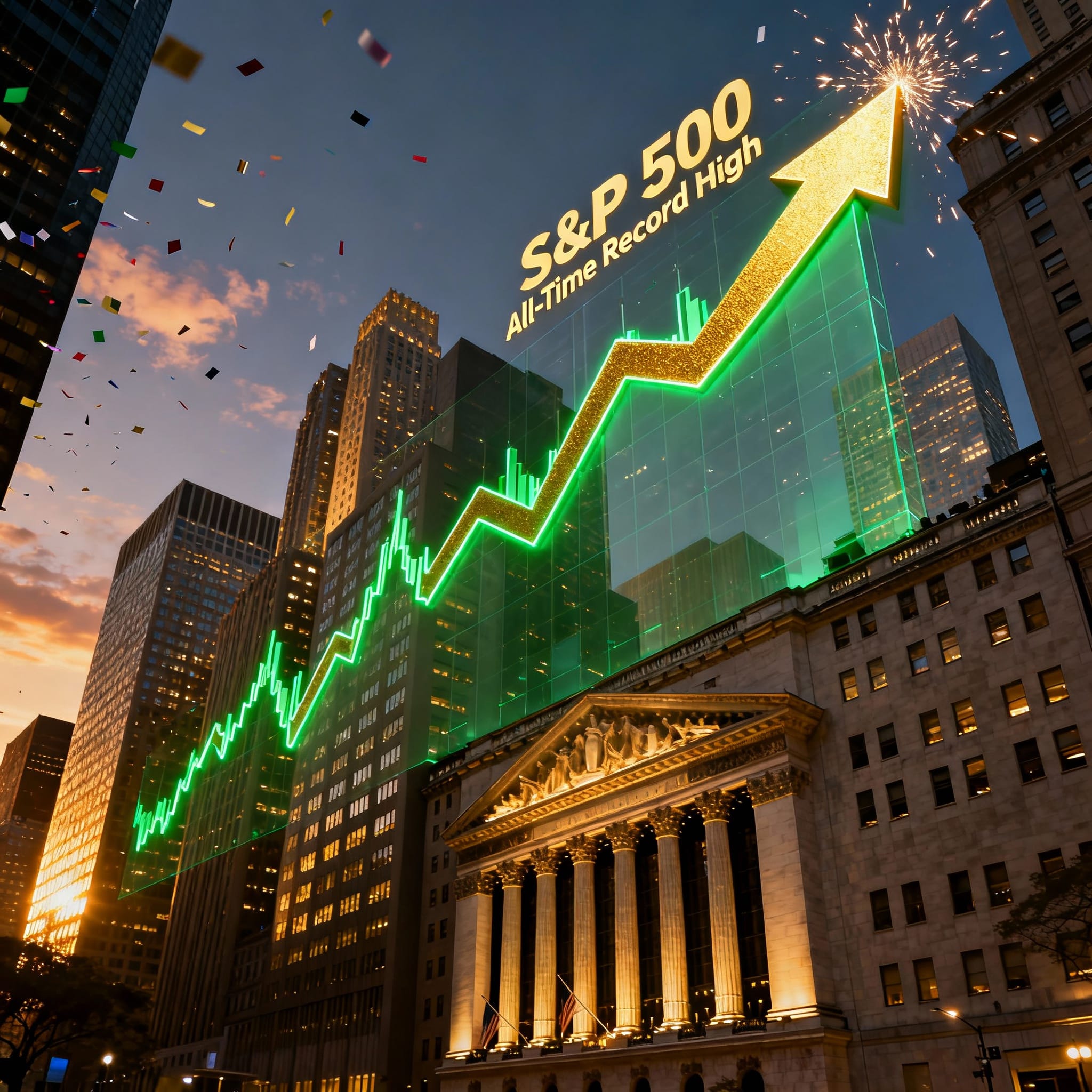 New York Stock Exchange at dusk with a glowing green stock chart soaring upward, golden arrow, and fireworks celebrating "S&P 500 All-Time Record High" amid confetti.