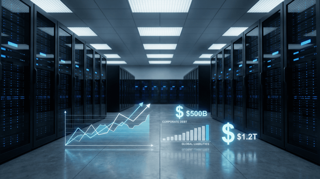 Modern AI data center with server racks and financial debt charts showing corporate borrowing