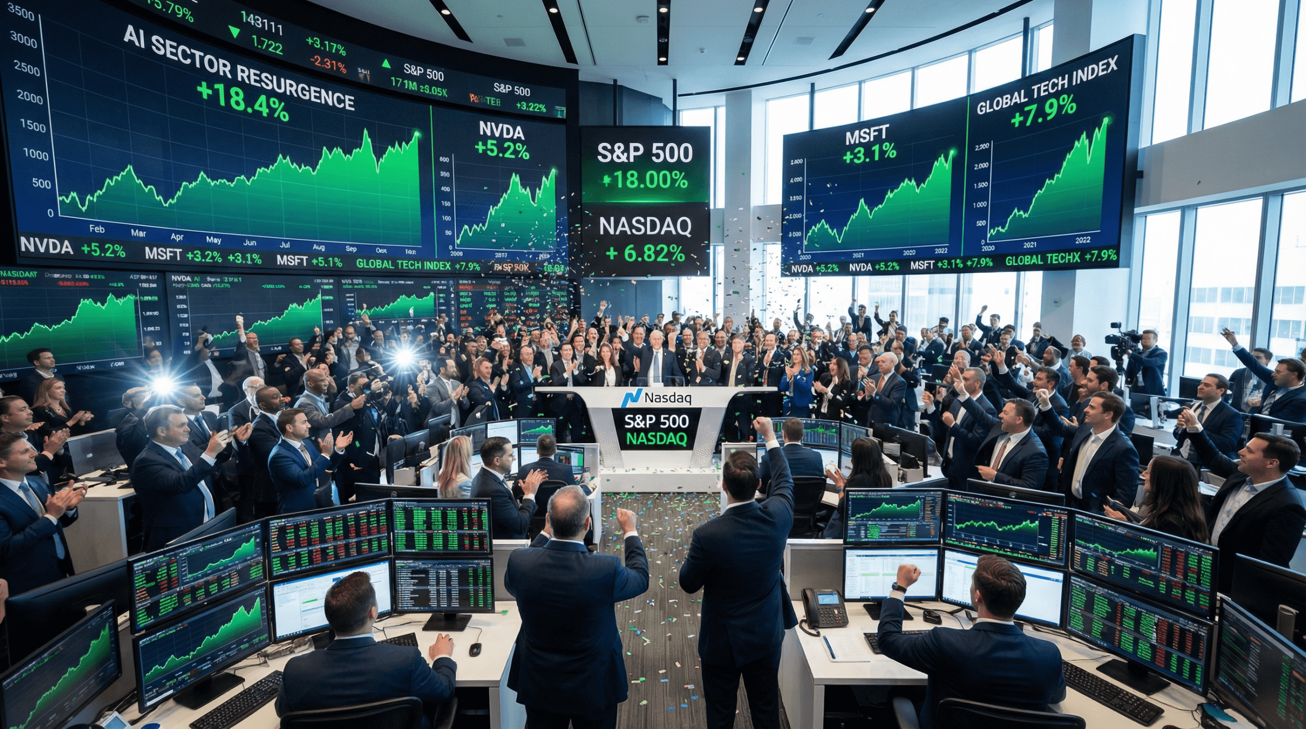 Modern stock trading floor with large displays showing green upward-trending AI and technology stock charts with traders celebrating, conveying AI sector resurgence and strong market momentum.