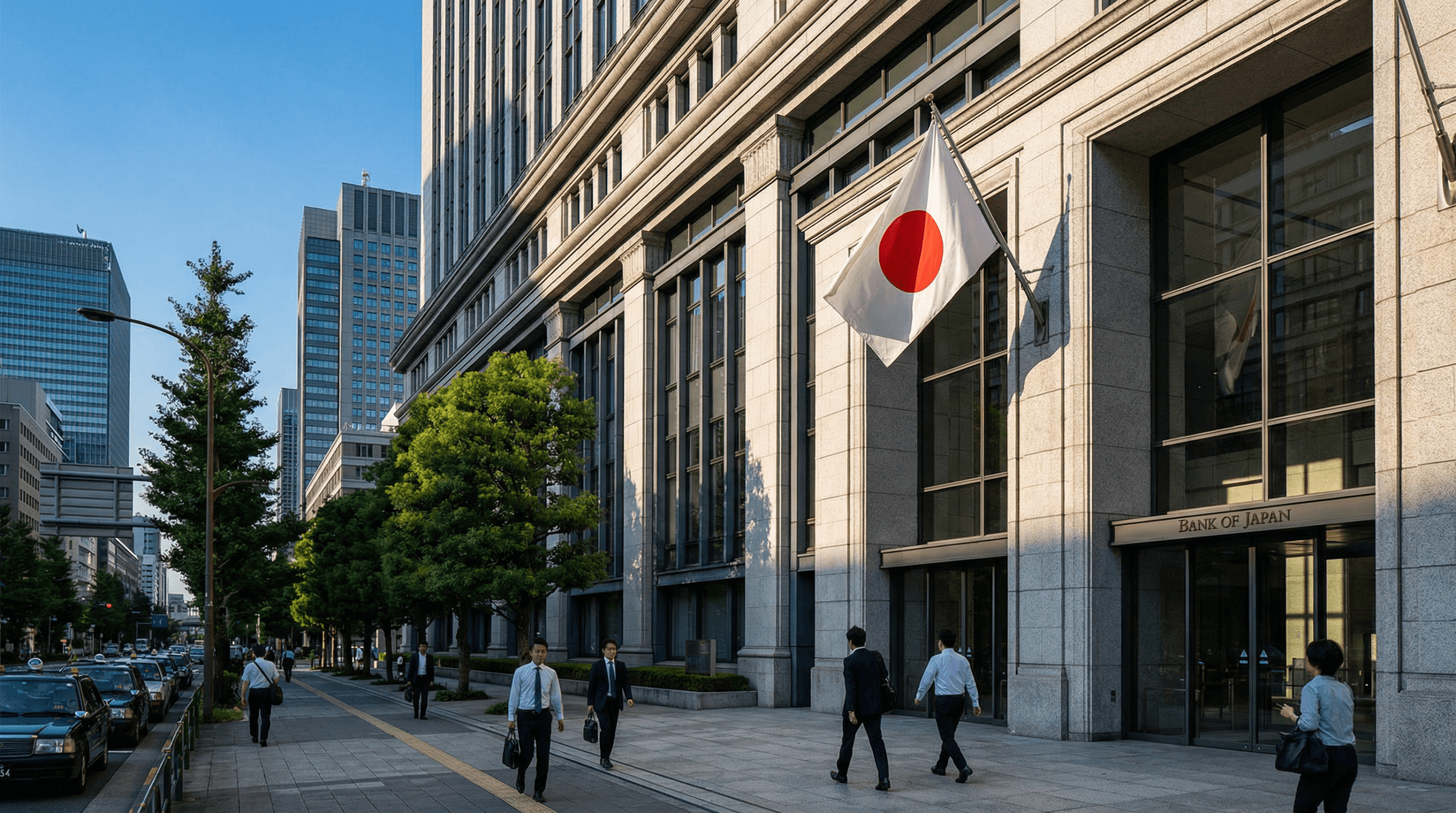 Bank of Japan headquarters building in Tokyo with Japanese flag, professional architectural photography symbolizing historic monetary policy shift and rate hike to 30-year high.