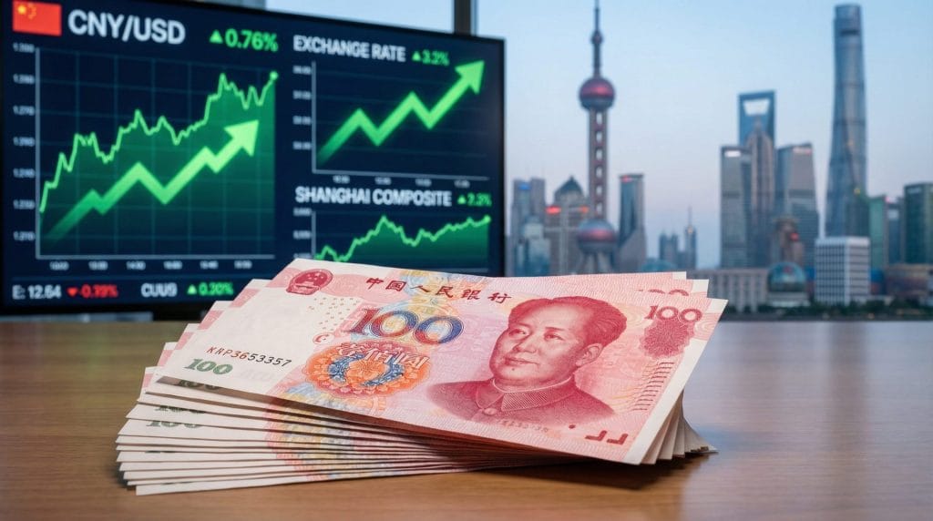 Chinese yuan banknotes with Shanghai financial district skyline and currency exchange charts showing yuan strengthening to 15-month high